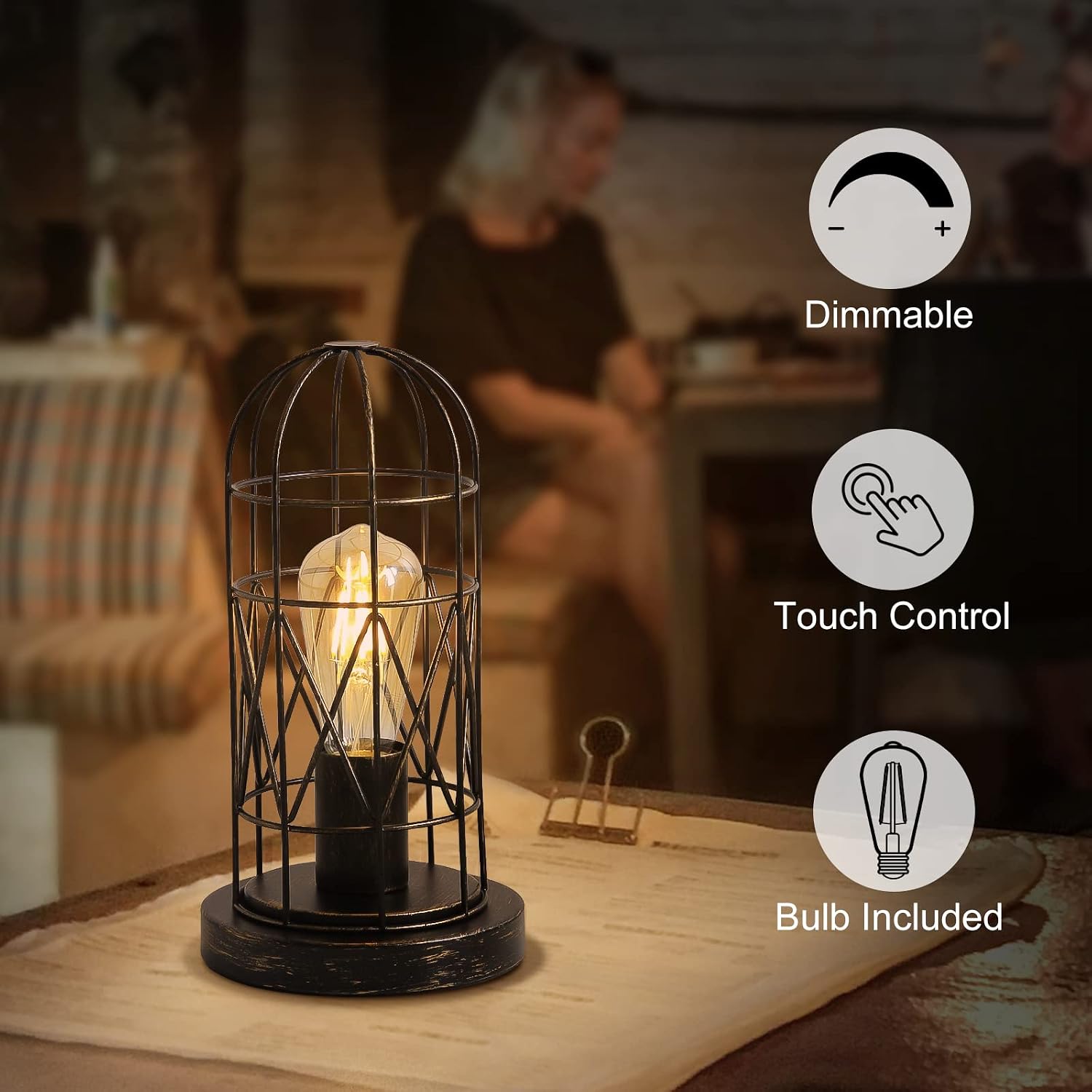 Touch Control Table Lamp, 3 Way Dimmable Lamp, Industrial Bedside Lamp