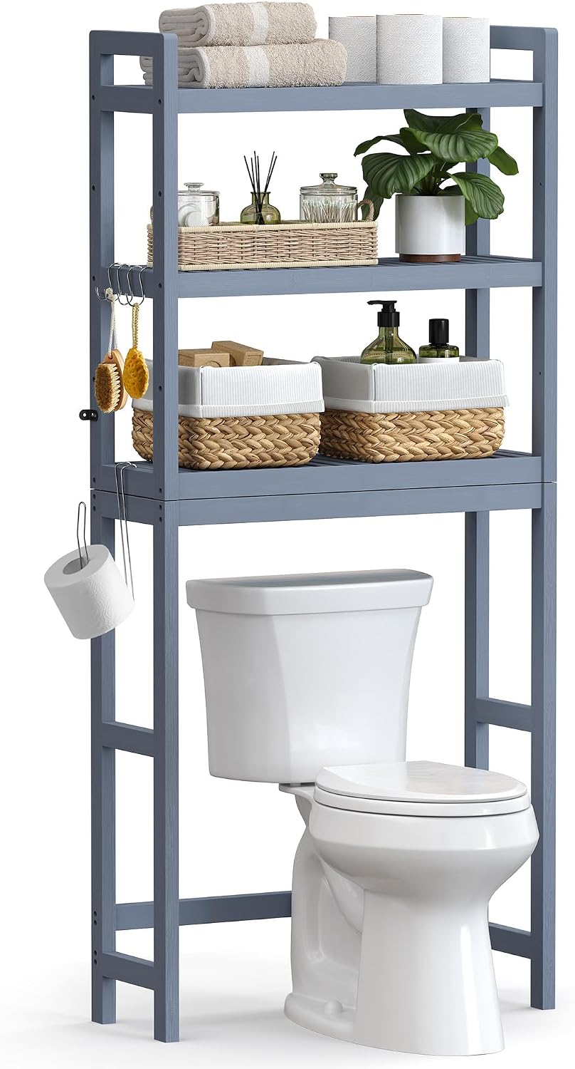 SONGMICS Over The Toilet Storage, 3-Tier Over Toilet Bathroom Organizer with Adjustable Shelf, 10.2 x 24.8 x 66.9 Inches, Space-Saving, Cloud White UBTS01WT