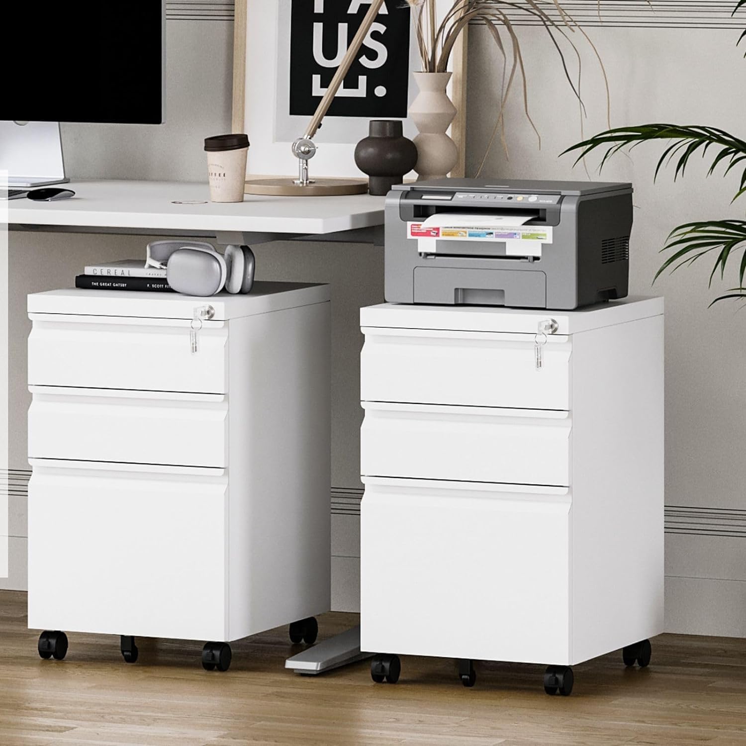 Guizeeopo 3 Drawer File Cabinet with Lock, File Cabinets for Home Office,Under Desk Cabinet, Locking File Cabinet for A4/Letter/Legal, Fully Assembled Expect Casters, Matte White
