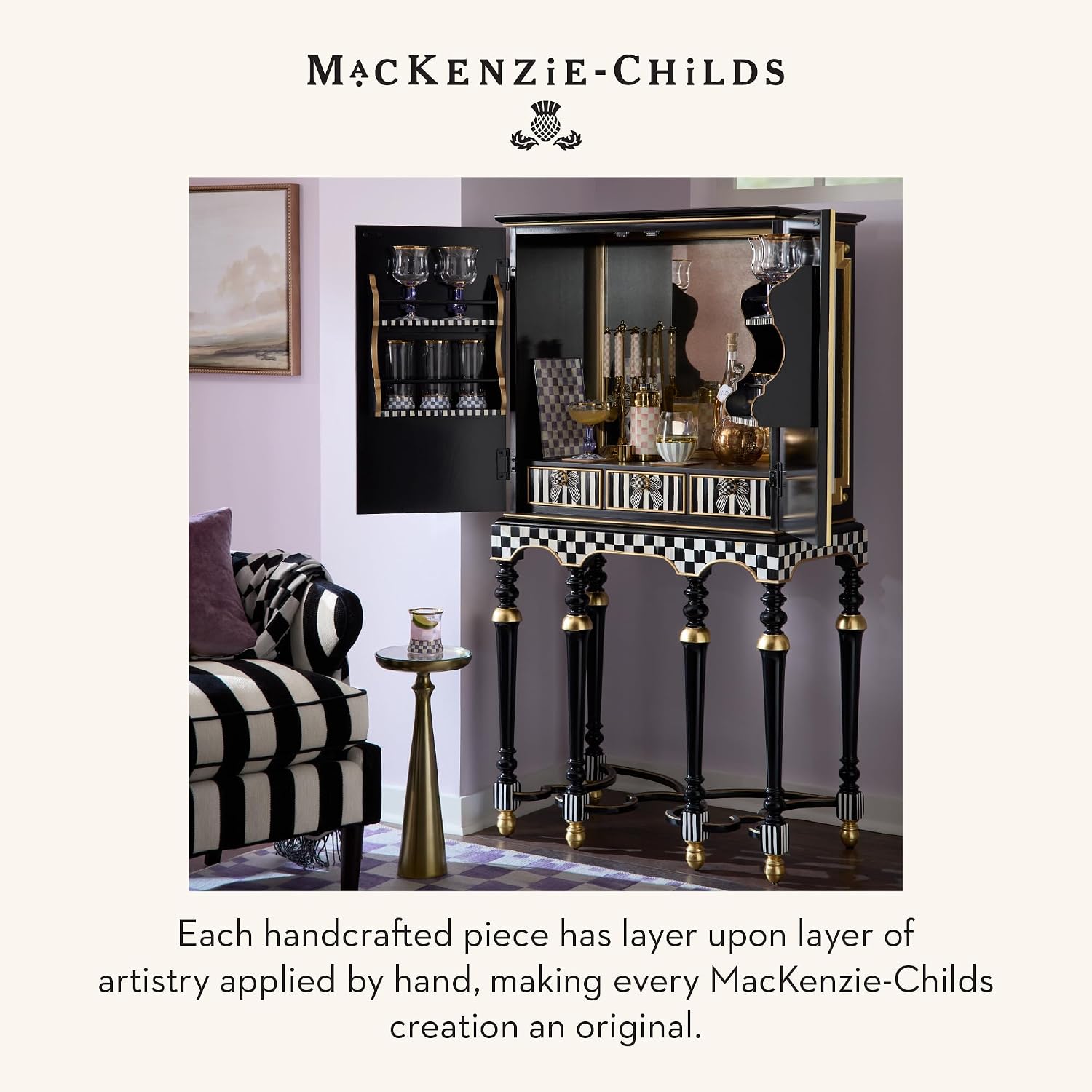 MACKENZIE-CHILDS Square Coasters Set, Black-and-White Courtly Check | Hand-painted design, made from MDF with a cork back, table coasters for drinks, 4" square, set of 4