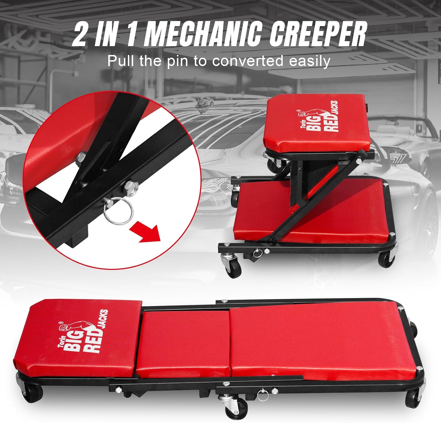 BIG RED TRP6240 Torin Blow Molded Plastic Rolling Garage/Shop Creeper: 40" Mechanic Cart with Padded Headrest, Dual Tool Trays and 6 Casters, Red