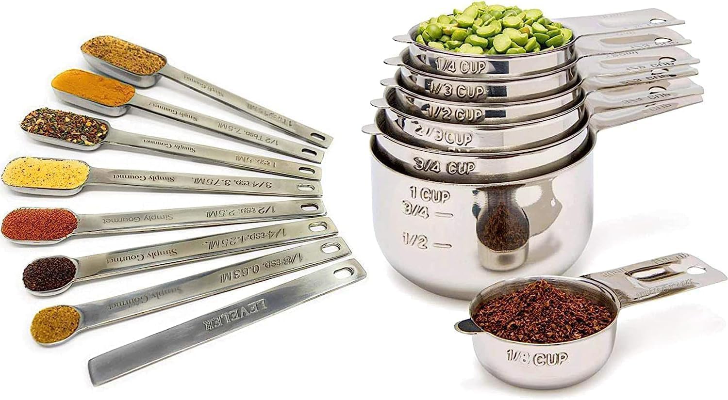 Simply Gourmet Measuring Cups & Spoons Set of 12, 18/08 Stainless Steel Kitchen Gadgets, Stackable Design with Long Handle Spoons, Fits in Spice Jars, Cooking & Baking Set for Dry & Liquid