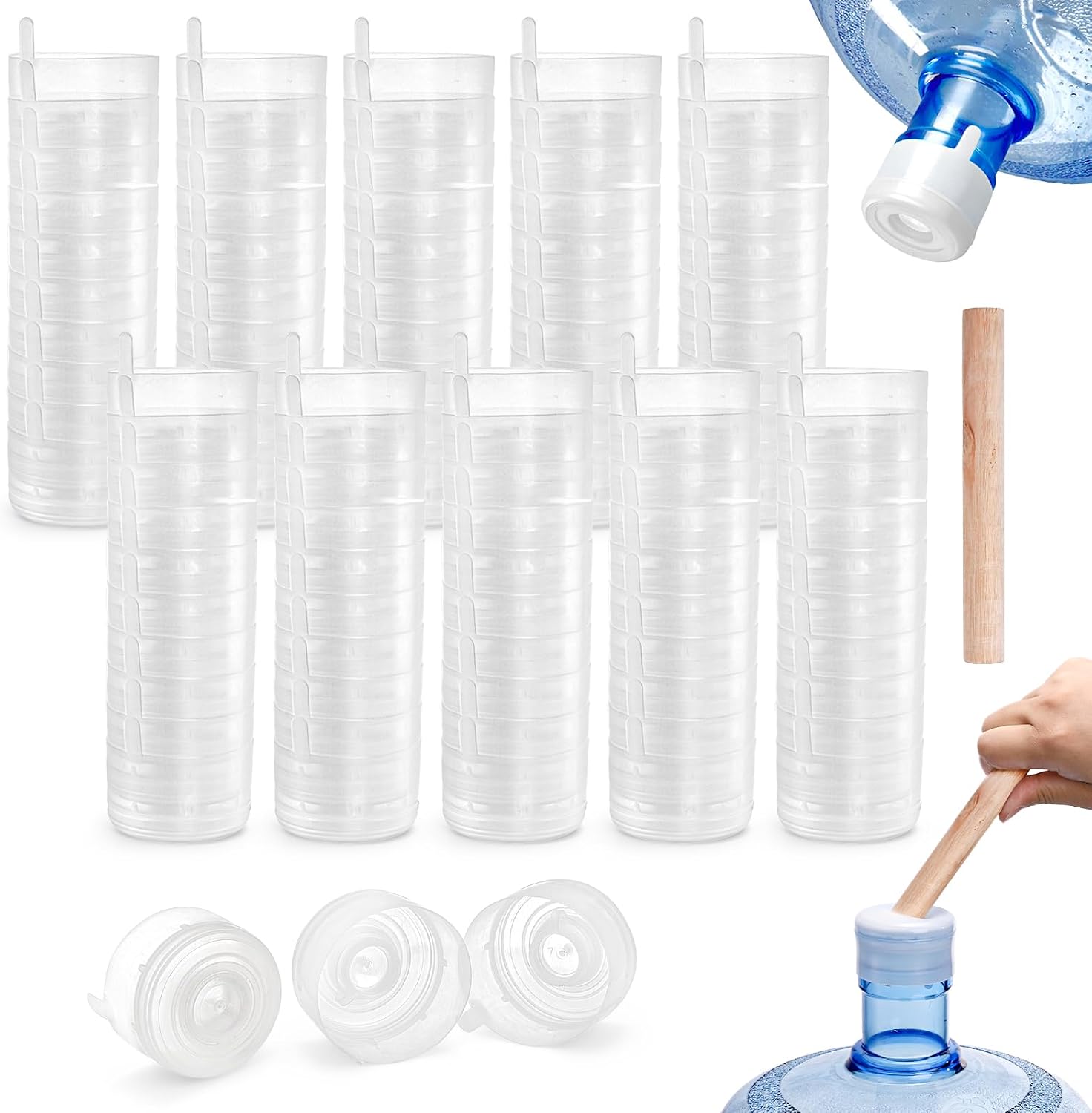 Jucoan 100 Pack Water Bottle Caps, 55mm 3&5 Gallon Non Spill Water Jug Caps, Replacement Snap On Caps for Water Dispenser Jugs