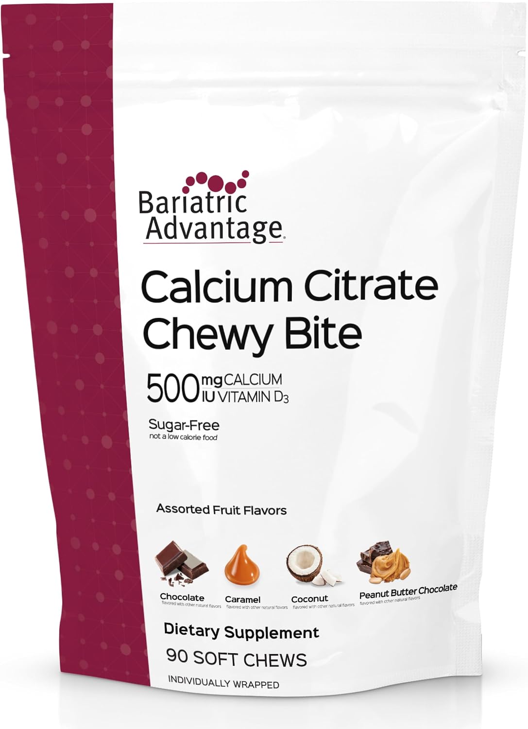 Bariatric Advantage Calcium Citrate Chewy Bites 500 mg - Highly Absorbable & Digestible - Vitamin D3 - Easily Chewable Calcium Supplement - Caramel Flavor - 90 Count