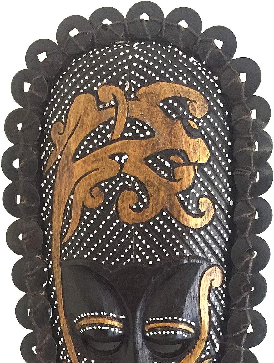 OMA Handcrafted African Tribal Wall Mask with Real Ceremonial Coins – Solid Wood Maori-Style Face Art for Home Decor (Natural Brown)