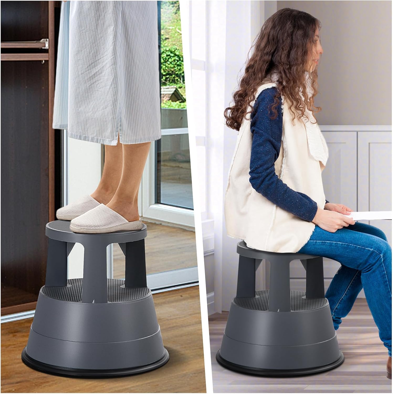 Nightcore Rolling Step Stool Kick Stool Ladder w/Non-Slip Platform Retractable Swivel Casters Firm Rubber Base