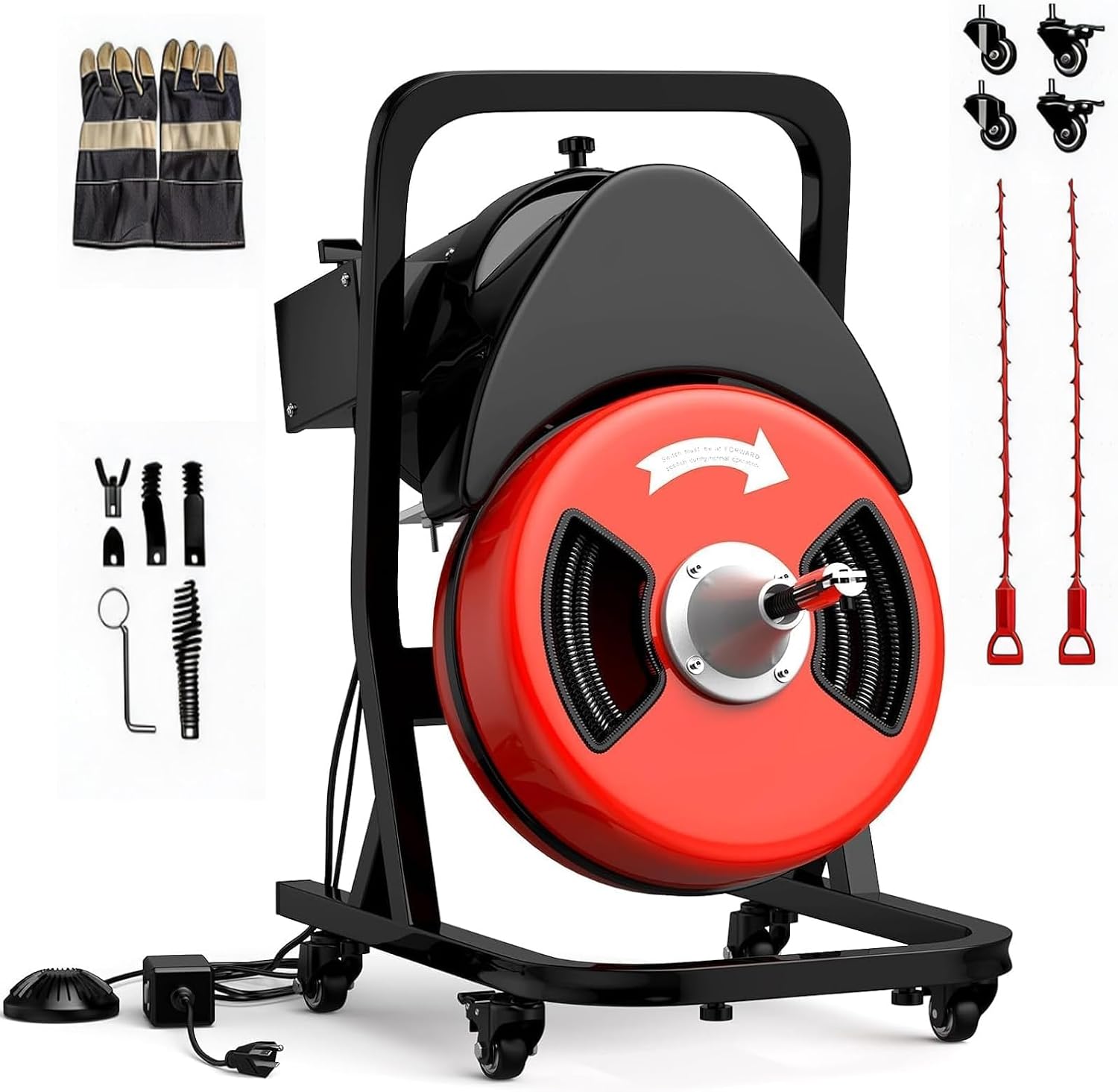 100Ft 3/4 Inch Drain Cleaning Machine. Sewer Snake 750w Auto Feed | Portable Drain Cleaning Machine Electric Drain Auger Sewer Auger with 6 Cutter Air-Activated Foot Switch for 4" to 8" Pipes