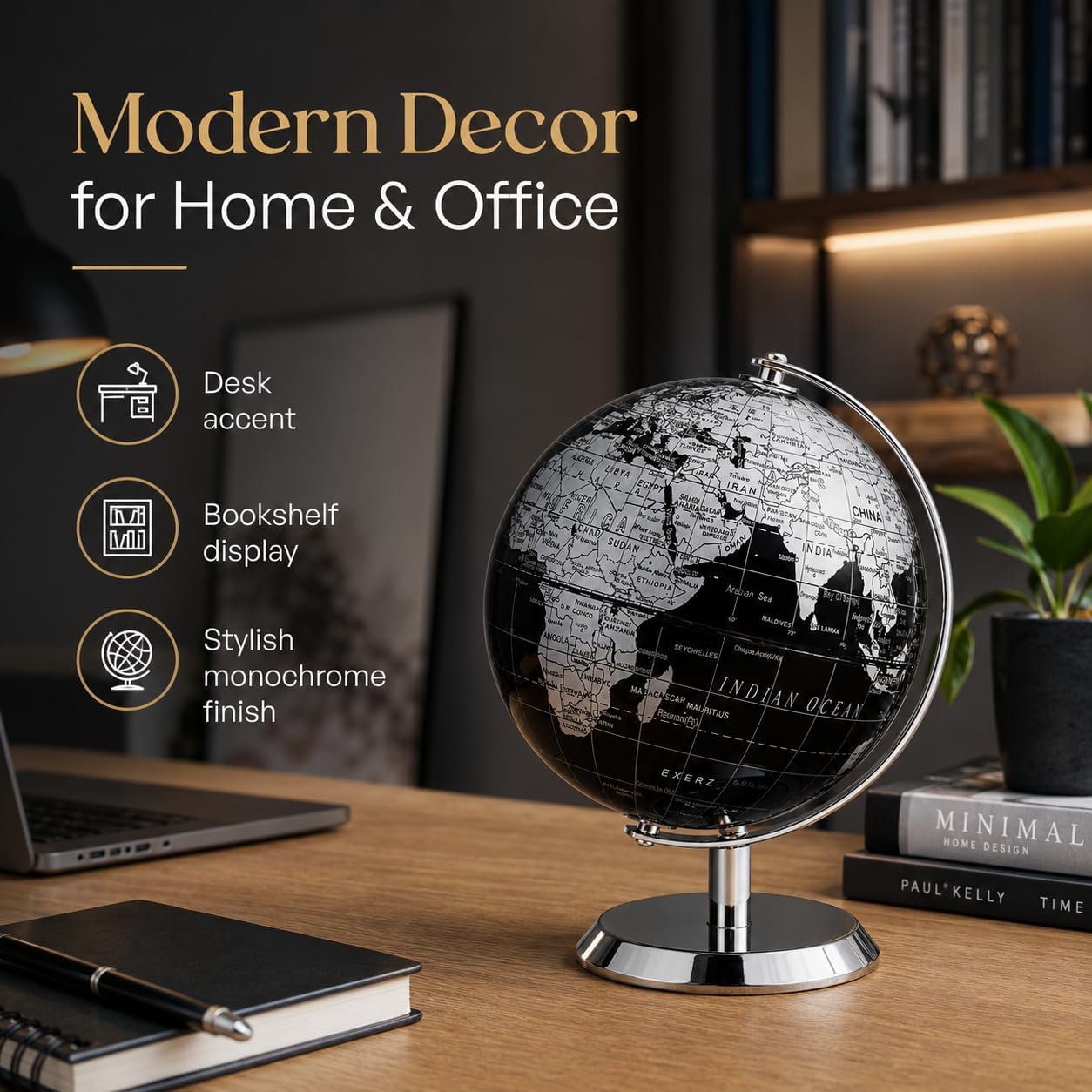 EXERZ 5.5 Inches Mini World Globe Black Rotating Desktop Globe | With Stainless Steel Base for Home Office School