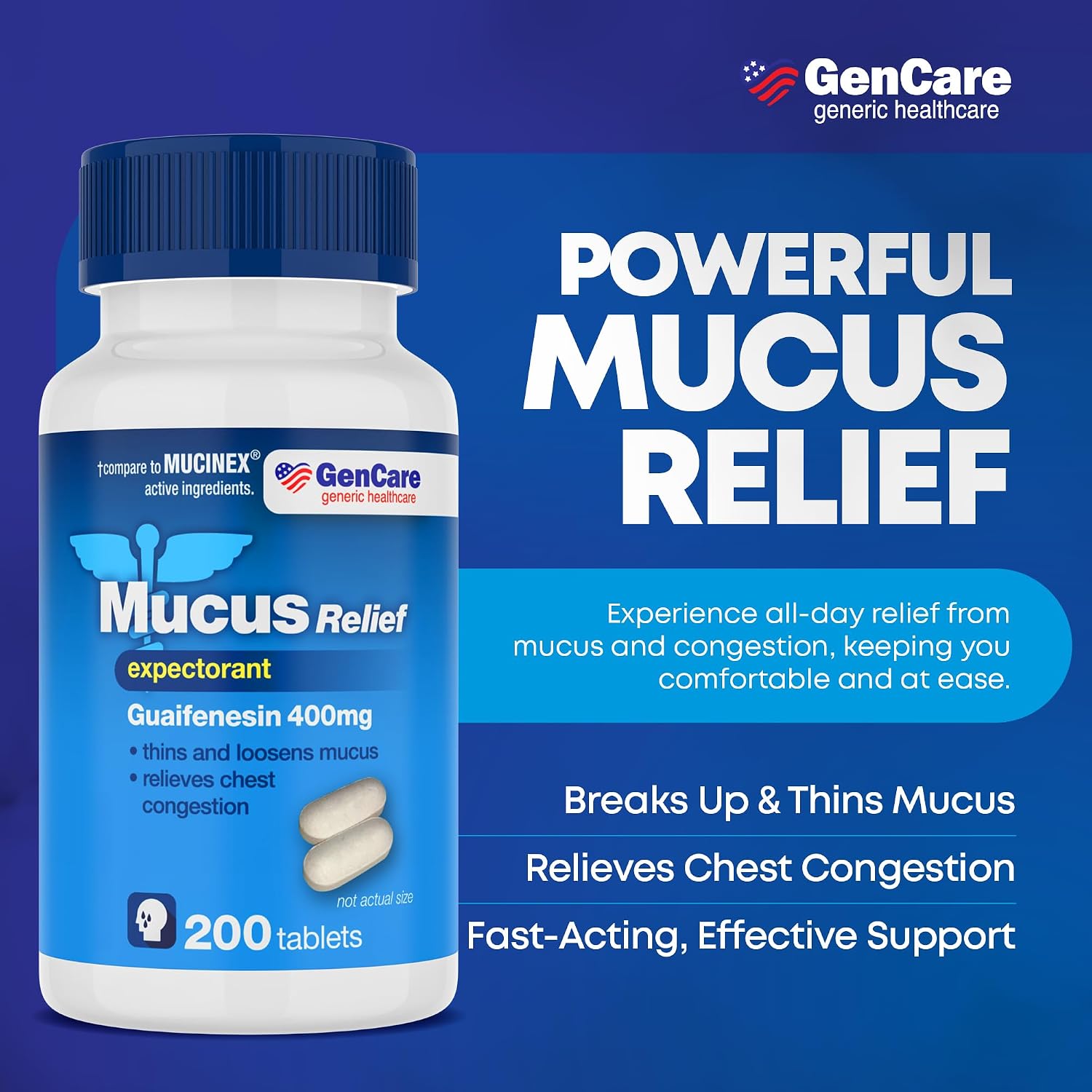 GenCare Mucus Relief Expectorant Guaifenesin 400mg, 200 Tablets | Compares to Mucinex; fast-acting expectorant, chest congestion relief
