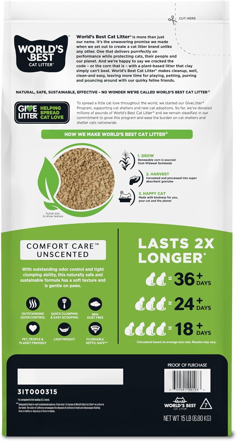 World's Best Cat Litter, Comfort Care, Unscented, Odor Control, 8 lb Bag | Gentle odor control for sensitive cats and lasts 2x longer; natural corn litter, quick clumping, flushable, 99% dust free