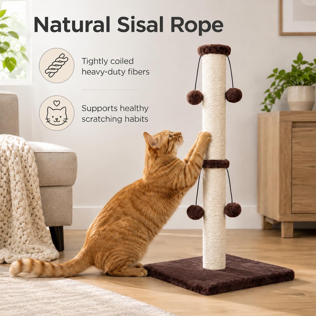 Dimaka 29'' Cat Scratching Post, Natural Sisal Rope Scratcher Post, Kitten Claw Scratch with 4 DanglingToy Balls for Large Cats (Grey)