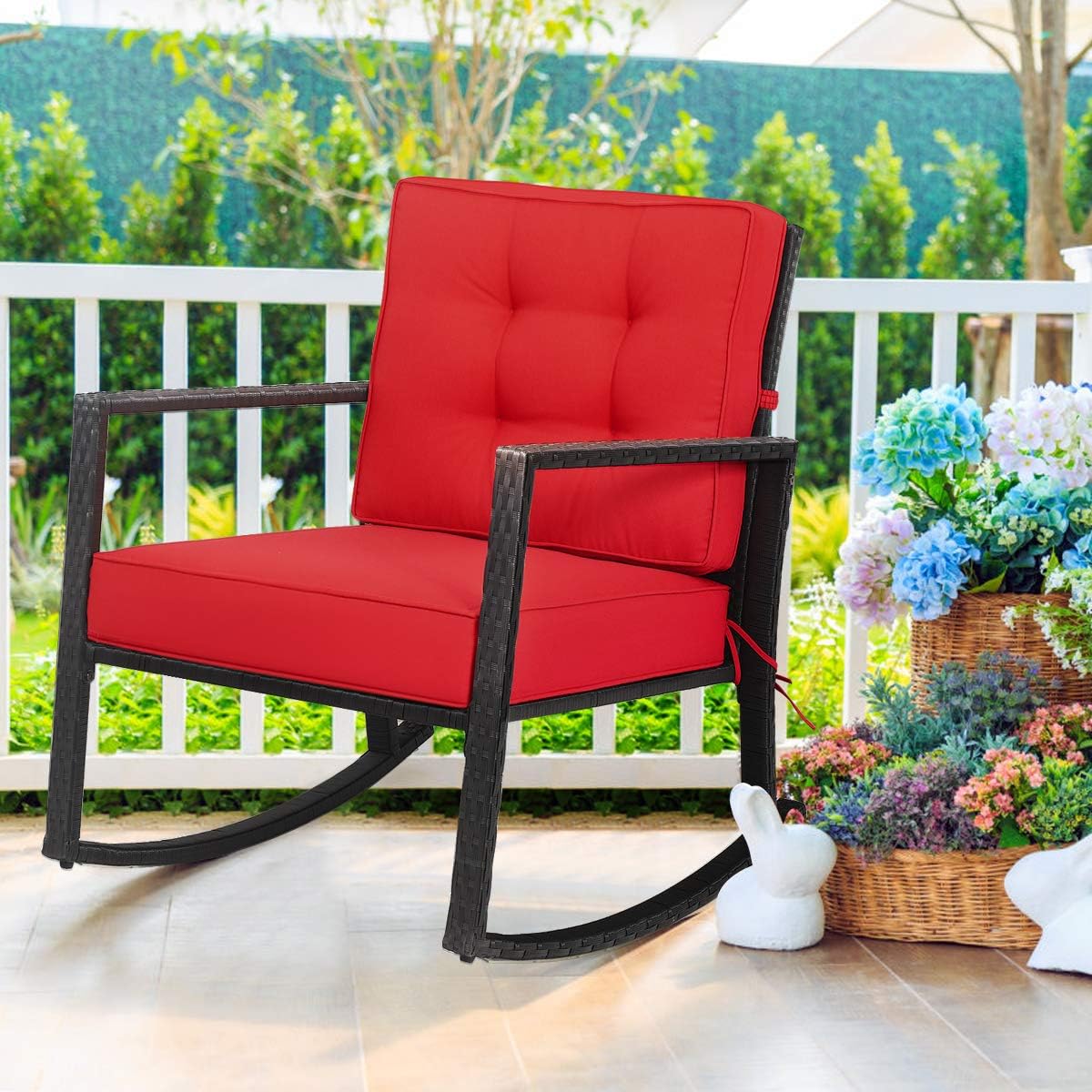 Tangkula Wicker Rocking Chair, Outdoor Glider Rattan Rocker Chair with Heavy-Duty Steel Frame
