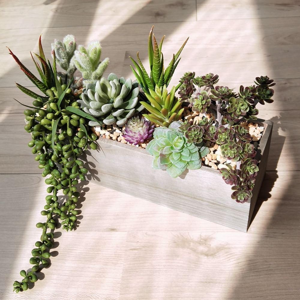 Supla Artificial Potted Succulents Plants Arrangement Fake Succulent Plants in Rectangular Wooden Pot Arrangement for Table Centerpiece Windowsill