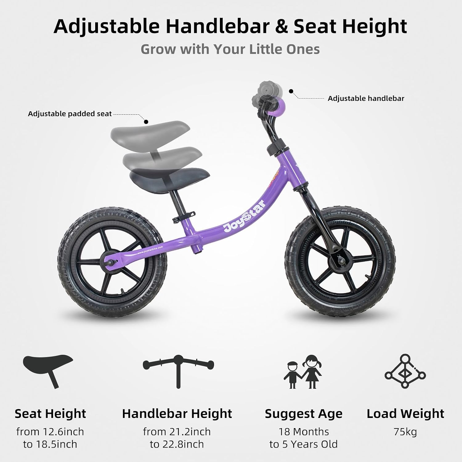 JOYSTAR Toddler Balance Bike 2-5 Year Old, No Pedal, Adjustable Seat | 12" Balance Bike Push Bike Adjustable Handlebar Lightweight Steel Frame, Ideal Gift for Boys and Girls
