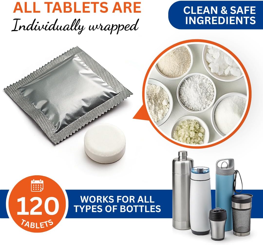 Skyis Water Bottle Cleaning Tablets 120 Pack, Up to 2 Years Supply, No Scrub Bottle Cleaner for Stainless Steel, Tumbler, Hydration Bladder