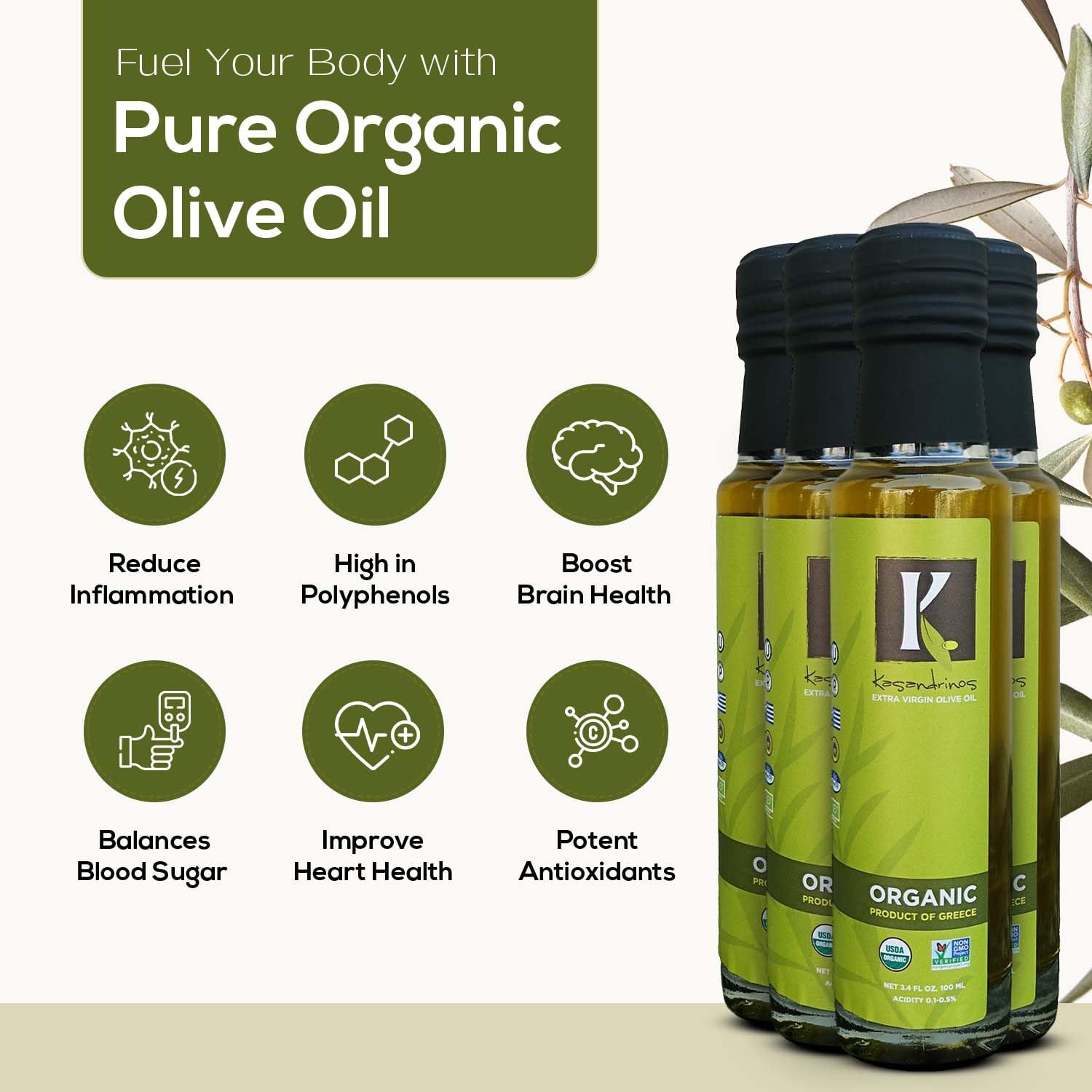 Kasandrinos Organic Olive Oil Extra Virgin, Polyphenol Rich Greek Olive Oil, 100% Organic First Cold Pressed, Mild + Delicate Flavor, Verified by Non GMO, 500 ml / 16.9 oz