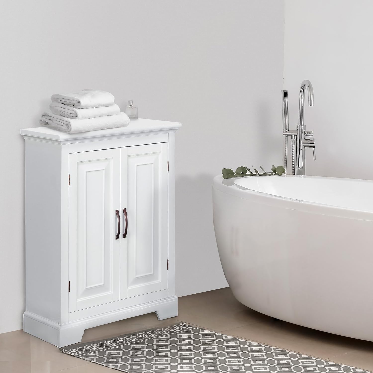 Teamson Home Versailles Wooden Freestanding Floor Storage Cabinet with 2 Adjustable Interior Shelves 3 Storage Spaces and 2 Floral Scroll Doors, White