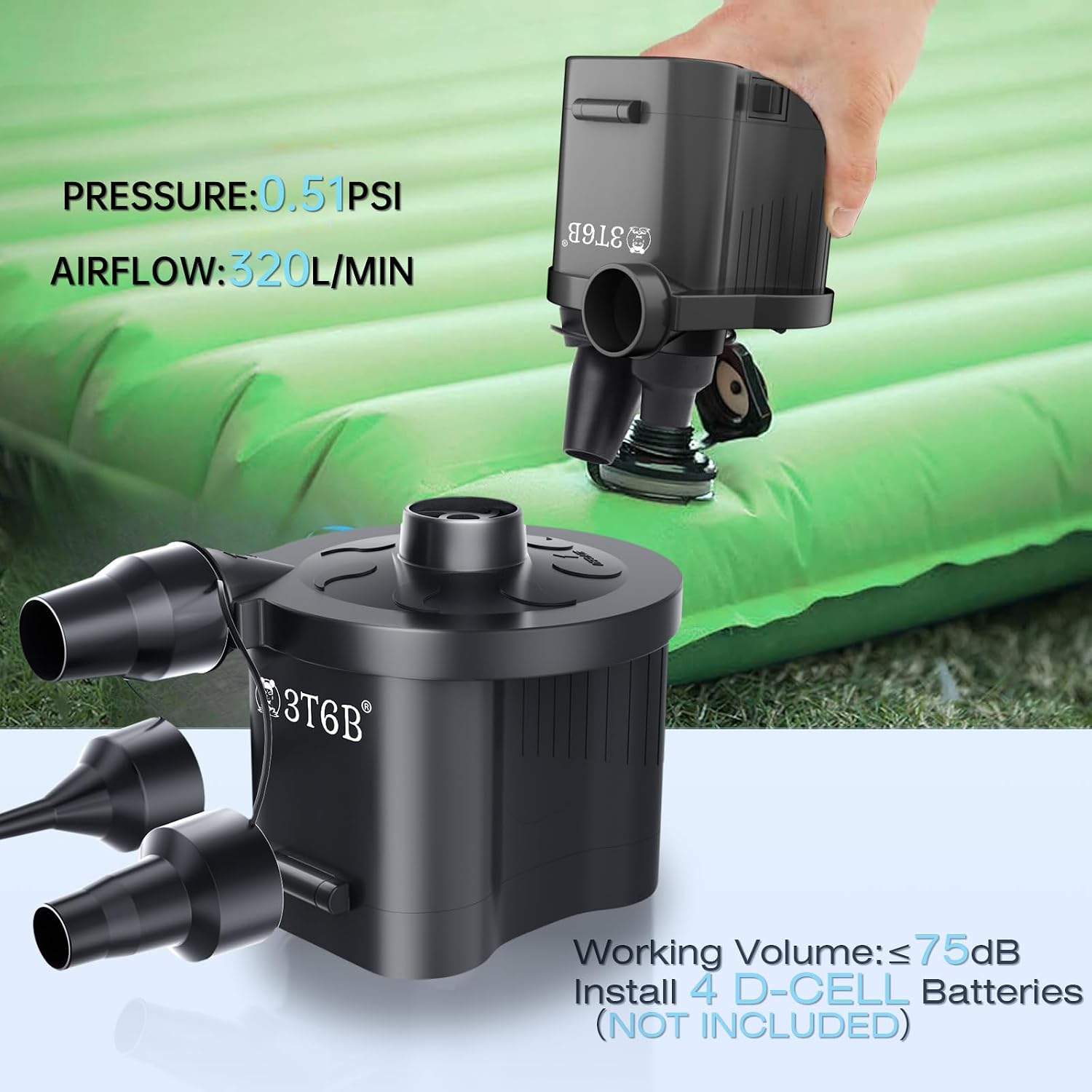 Electric Air Pump for Inflatables, Battery Powered Wireless Air Pump for Mattress with 3 Nozzles