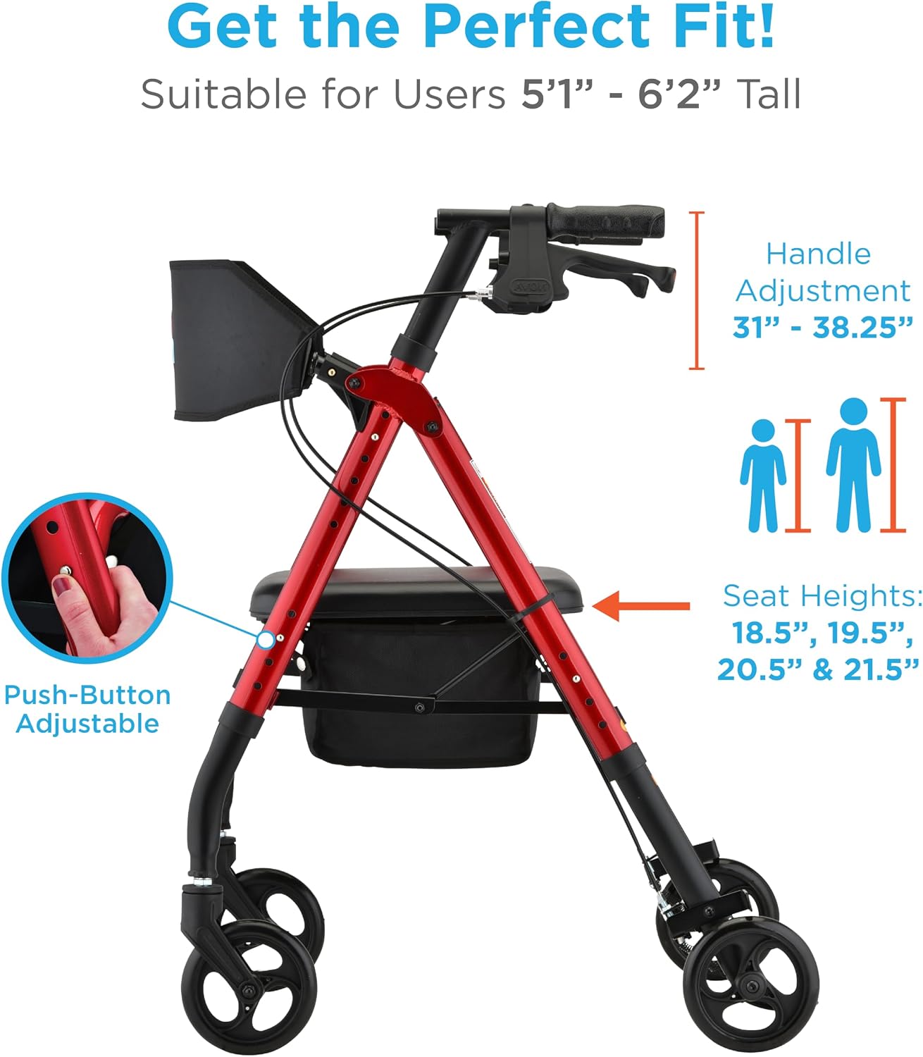 NOVA Star 6 Foldable Rollator Walker for Seniors, Wide Padded Backrest with Seat, 6” All-Terrain Wheels, Easy-Grip Locking Hand Brakes, Height Adjustable, Blue
