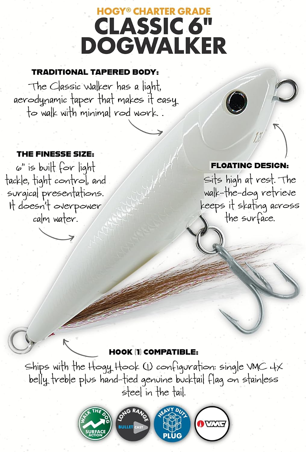 Hogy Classic Dog Walker Topwater Lure – 6" Walk-the-Dog Surface Plug – Rear-Weighted, Long Casting, Through-Wired Fishing Lure for Striped Bass