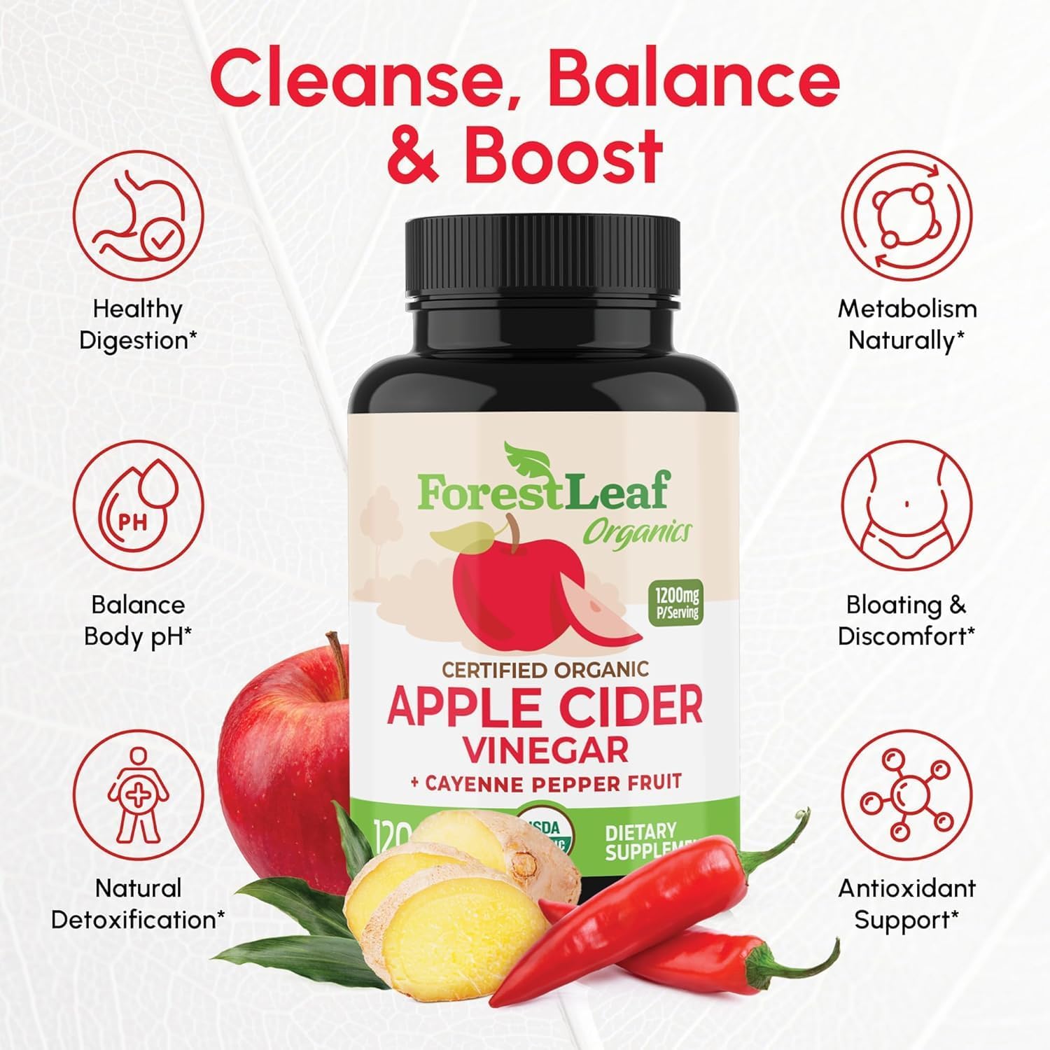 USDA Organic Apple Cider Vinegar Capsules with Mother, 1200 mg | Vegan & Non-GMO | Apple Cider Vinegar Pills with Cayenne Pepper & Ginger Root | 120 Caps