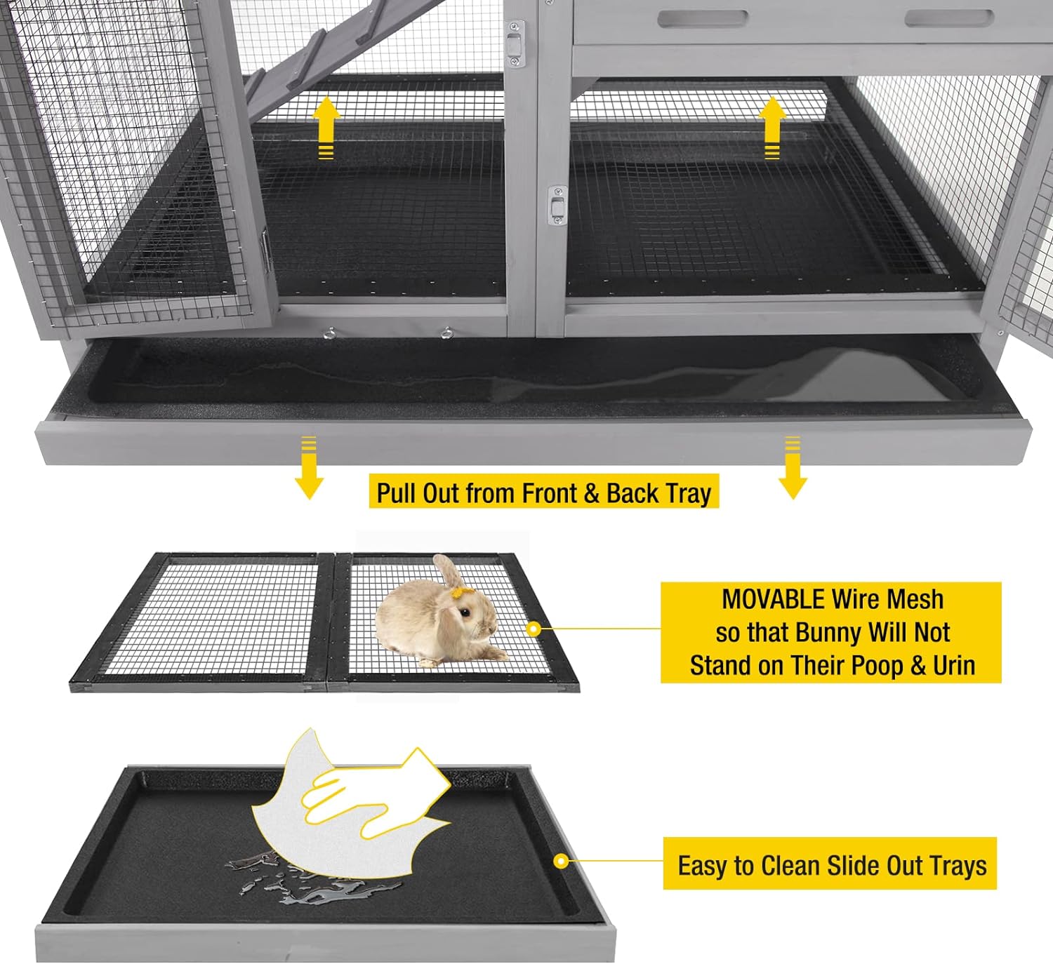Aivituvin Rabbit Hutch, Indoor Bunny Cage with Run Outdoor Rabbit House with Two Deeper No Leak Trays - 4 Casters Include (Grey)