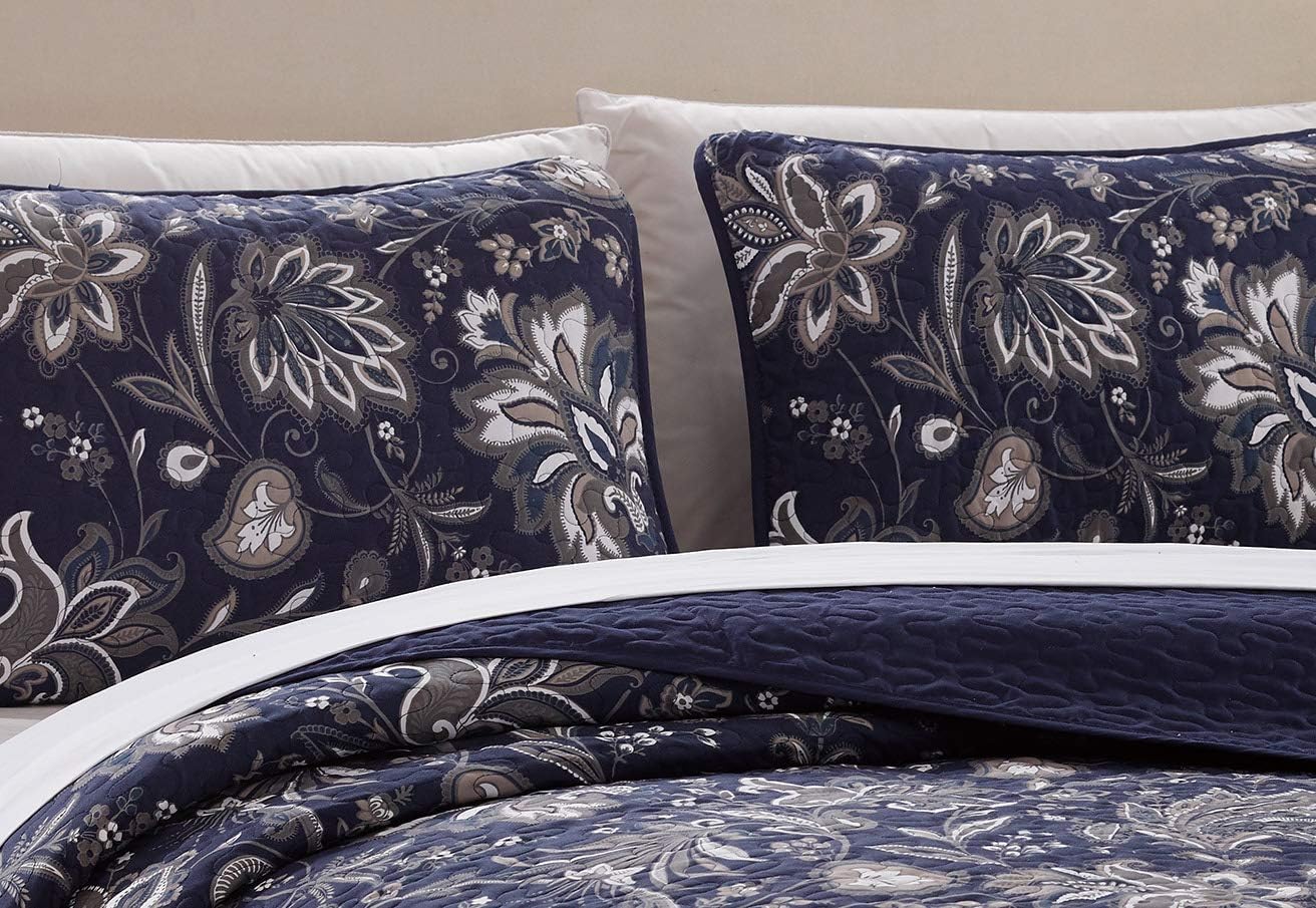 Luxury Home Collection 3 Piece Full/Queen Quilted Reversible Coverlet Bedspread Set Floral Printed Navy Blue White Gray