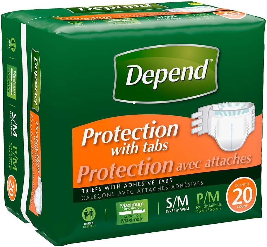 Depend Adult Diapers with Tabs, Incontinence Protection with Tabs, Unisex, Small/Medium (19–34" Waist, Up To 170 lbs), Maximum Absorbency, 60 Count (3 Packs of 20)