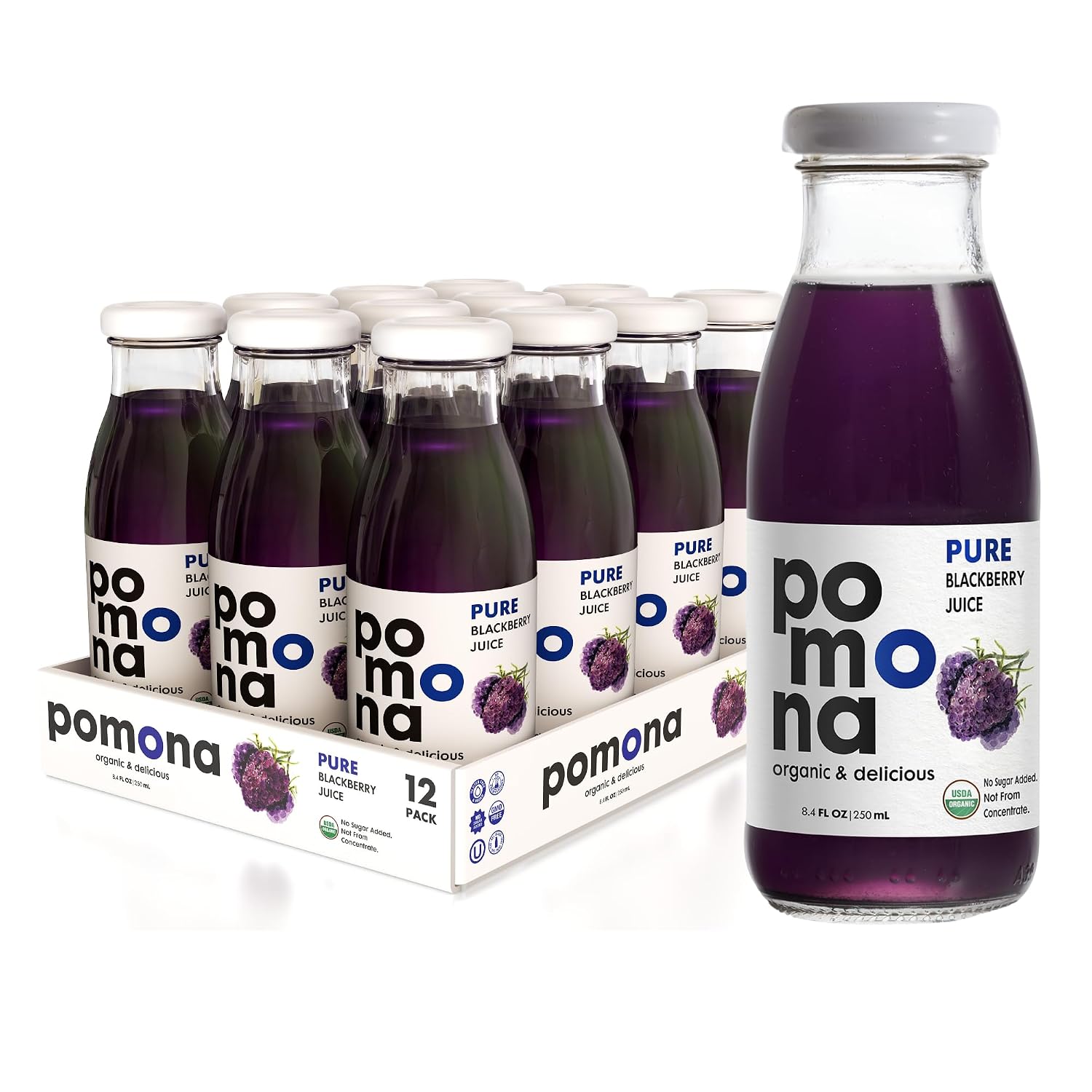 Pomona Organic Pure Black Cherry Juice, Cold Pressed Organic Juice, Non-GMO, No Sugar Added, Not from Concentrate, Gluten Free, Kosher Certified, Preservative Free 8.4 Ounce (Pack of 12),