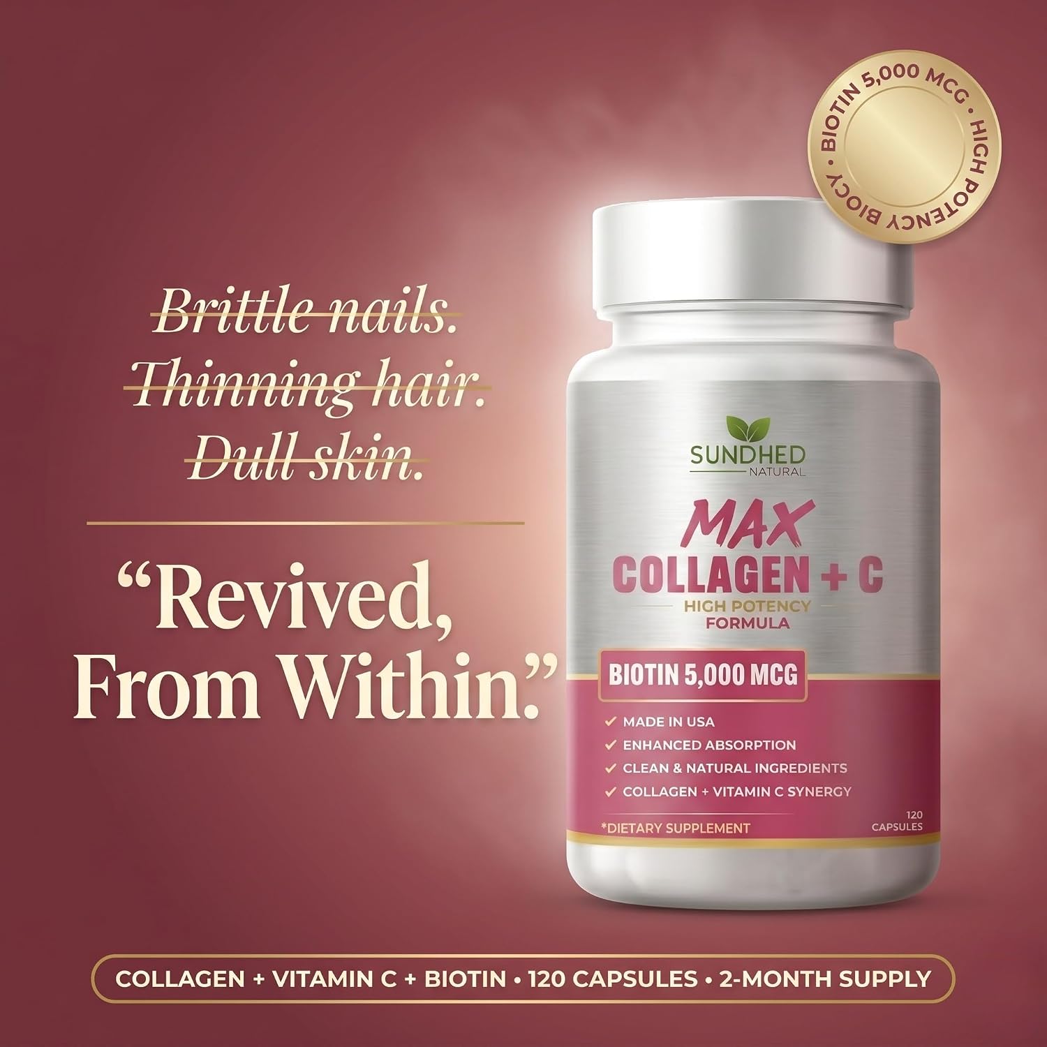 Max Collagen Plus C (60 caps) - All Natural Collagen Capsules with Biotin & Bioperine to Boost Anti Aging Hydration & Skin Firmness - Collagen Pills to Strengthen Bones & Nails