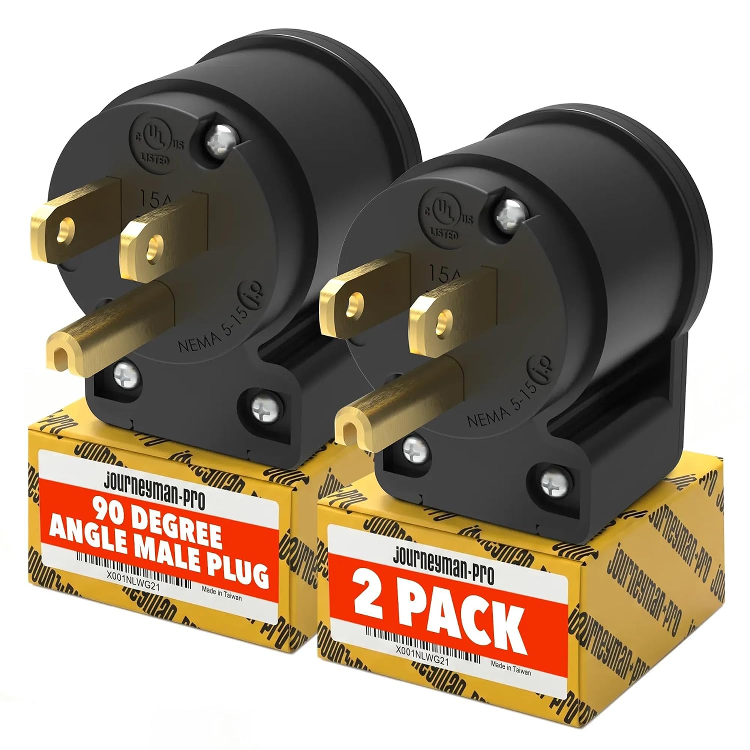 515AN 90 Degree Right Angle Male Plug, 15 Amp 120v 125 Volt NEMA 5-15P, 2Pole 3Wire, Straight Blade Replacement Electrical Plug Extension Cord End - Commercial Grade 15A (Black, 1-PACK)