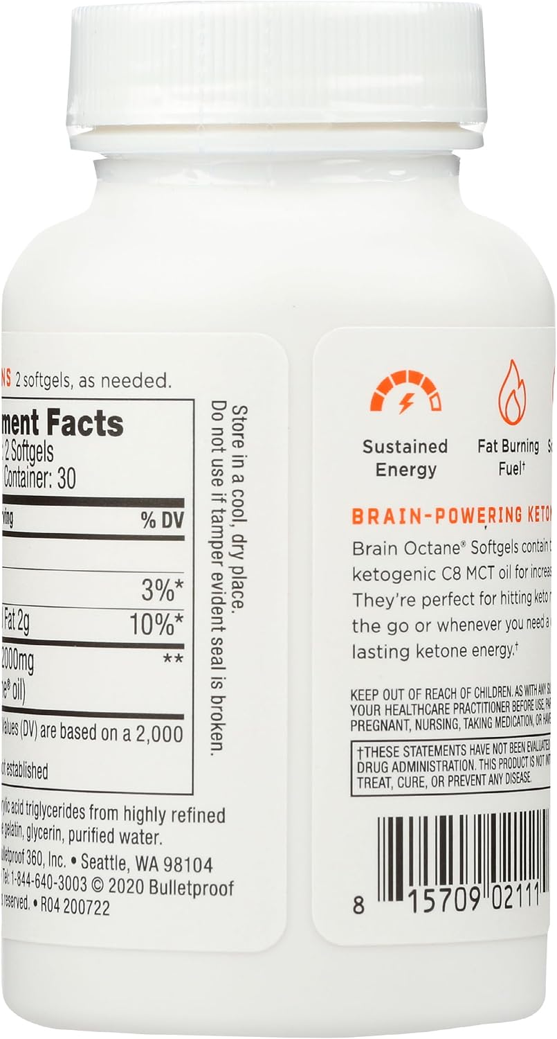 Bulletproof Brain Octane Softgels, 60 Count - 100% Pure C8 from Coconut | Pure C8 MCT Oil for Sustained Energy
