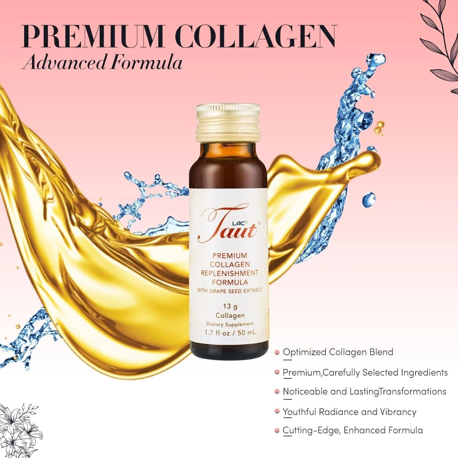 TAUT Liquid Collagen for Women – 13,000mg Marine Collagen Drink with Hyaluronic Acid, Grape Seed & Elastin – Visible Skin, Hair & Joint Support – 1 Box (8 Bottles Each)