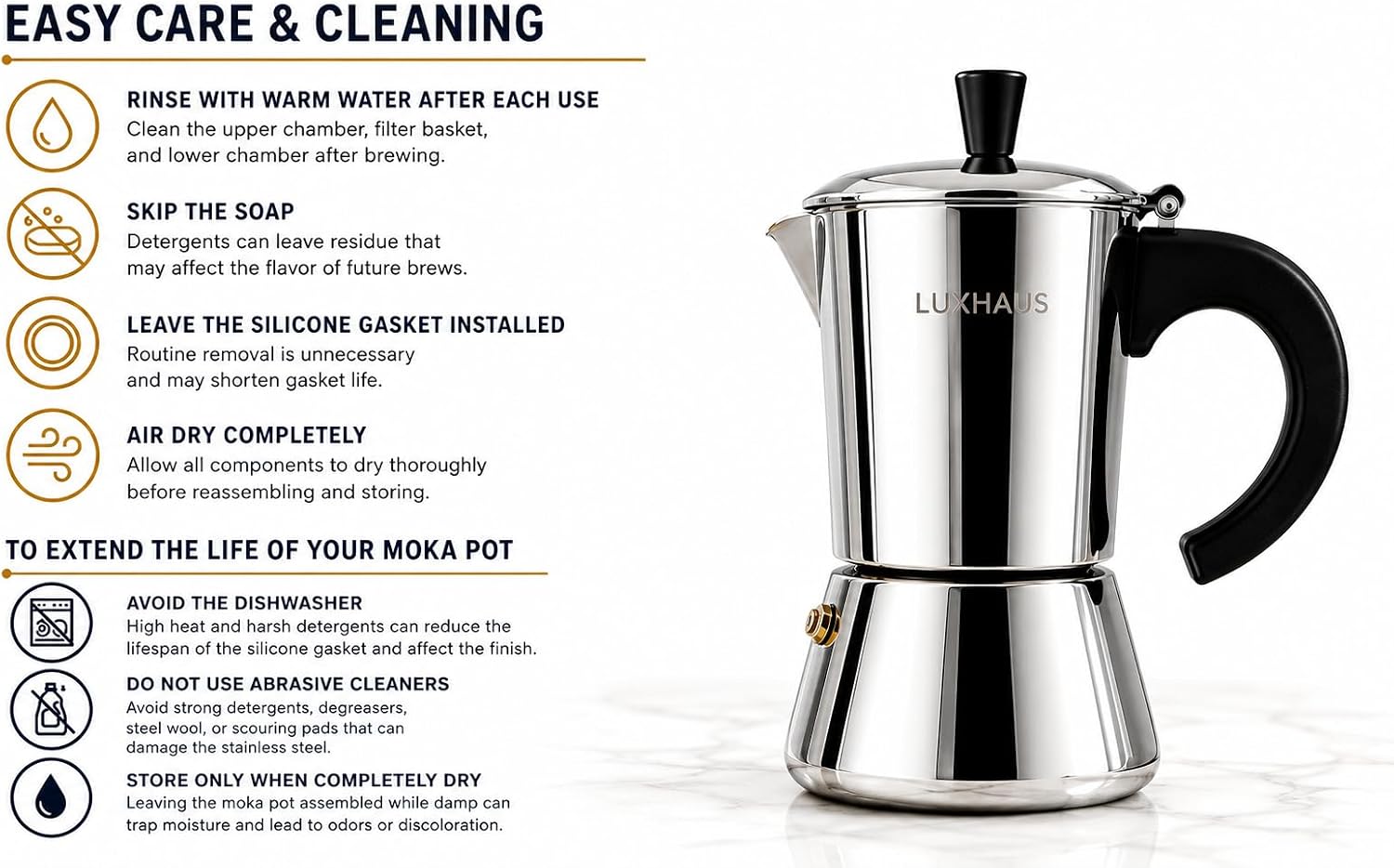 LuxHaus 3 Cup Moka Pot (2oz each cup - 6oz total) Stovetop Espresso Maker - Stainless Steel Italian and Cuban Mocha Coffee Maker