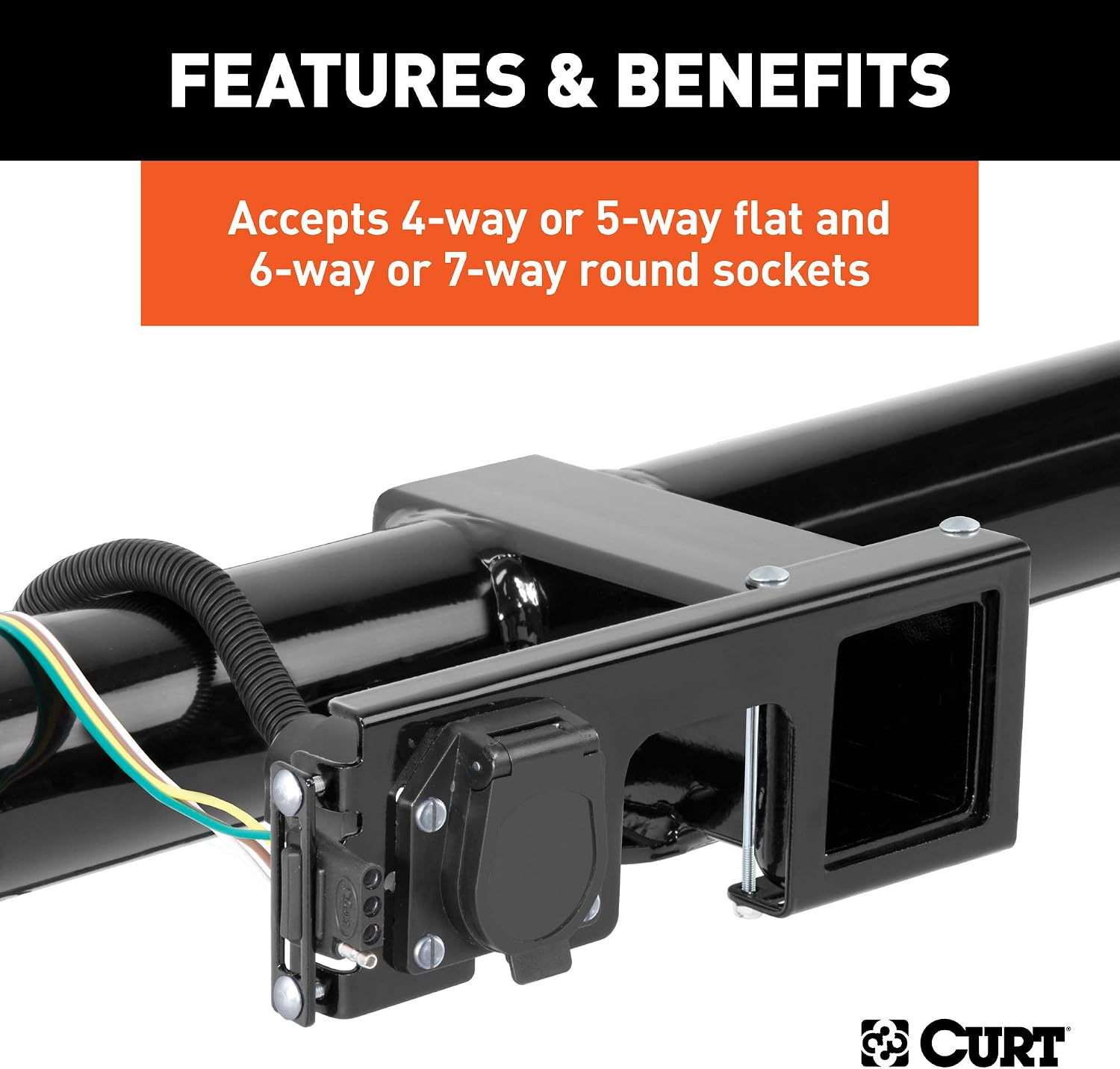 CURT 58003 Easy-Mount Trailer Wiring Bracket for 2-1/2 Inch Receiver, Fits 4 or 5-Way Flat and 6 or 7-Way Round Connector Sockets