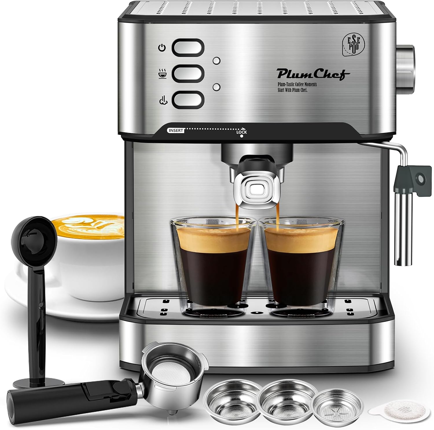 Plum chef Espresso Machine 20 Bar, Household Coffee Maker with Milk Frother Steam Wand, Pressure Gauge, 54oz Large Water Tank, Low Noise Fast Brew for Cappuccino Latte Macchiato Home Office