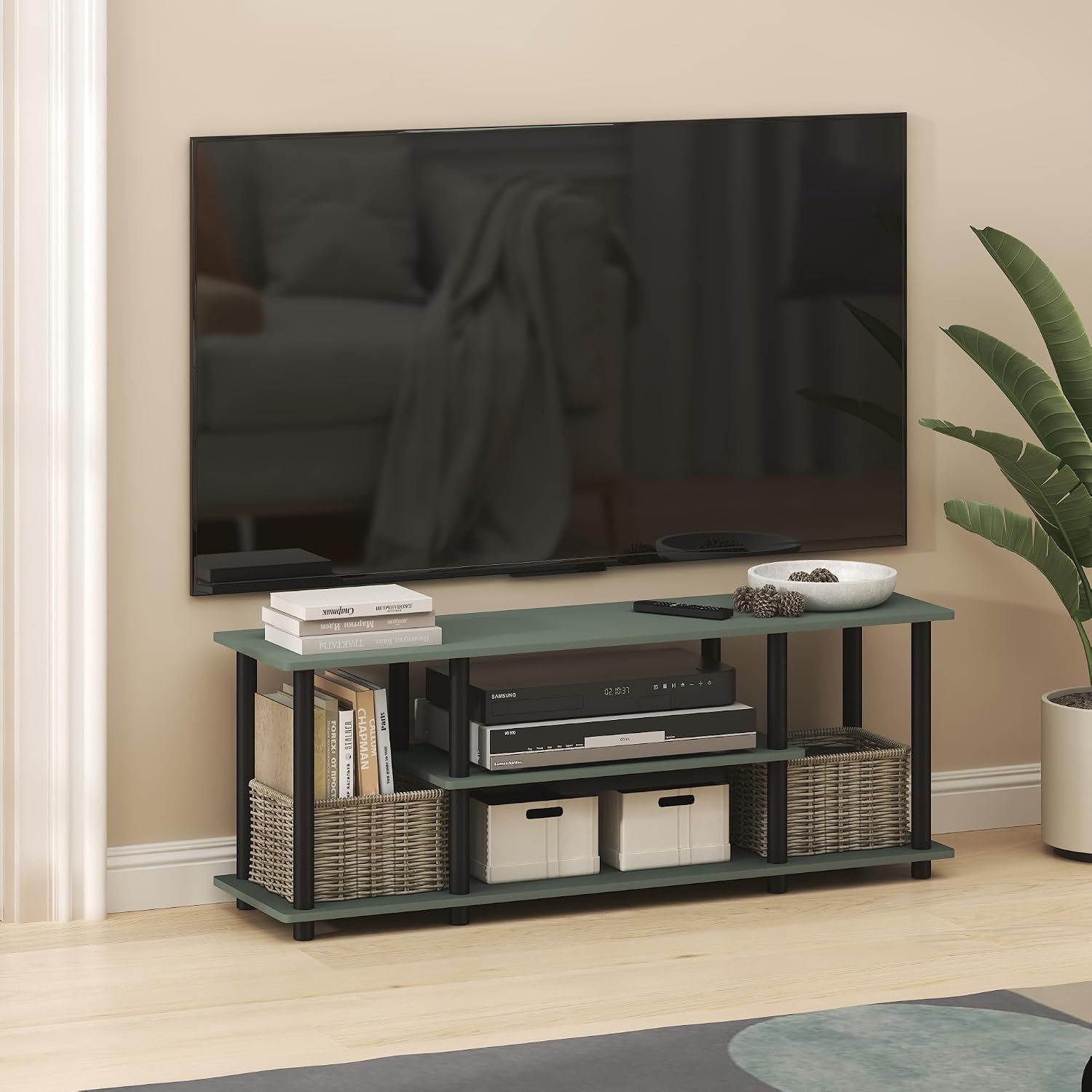 Furinno Turn-N-Tube No Tools 3D 3-Tier Entertainment TV Stand up to 50 inch TV, Round Tubes, French Oak Grey/Black | for TV up to 50 Inch, Open Frame Rectangular Entertainment Center with Storage Shelf, TV Console, for Living Room, Bedroom