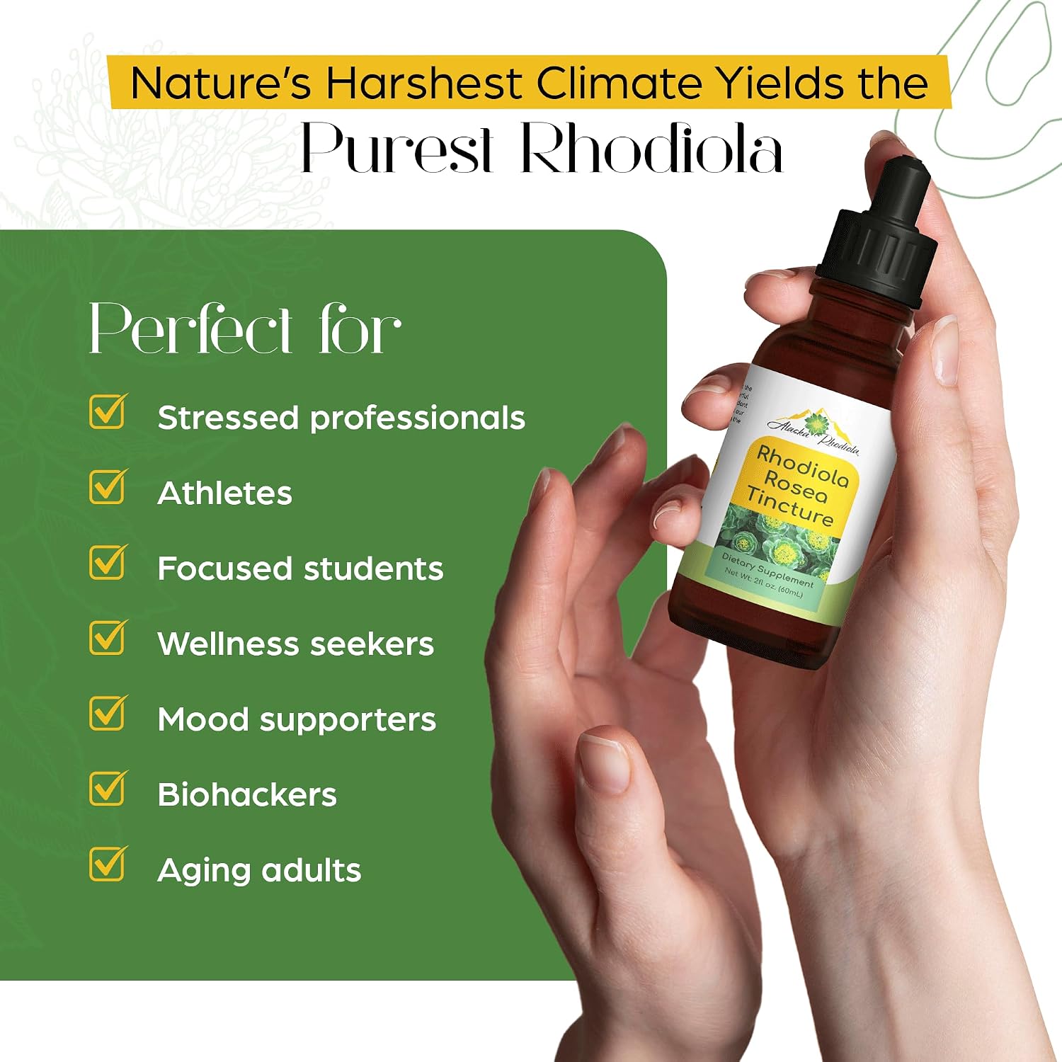 Alaskan Rhodiola Rosea Tincture – Natural Stress Support Rhodiola Supplement, Adaptogen for Energy & Mental Clarity
