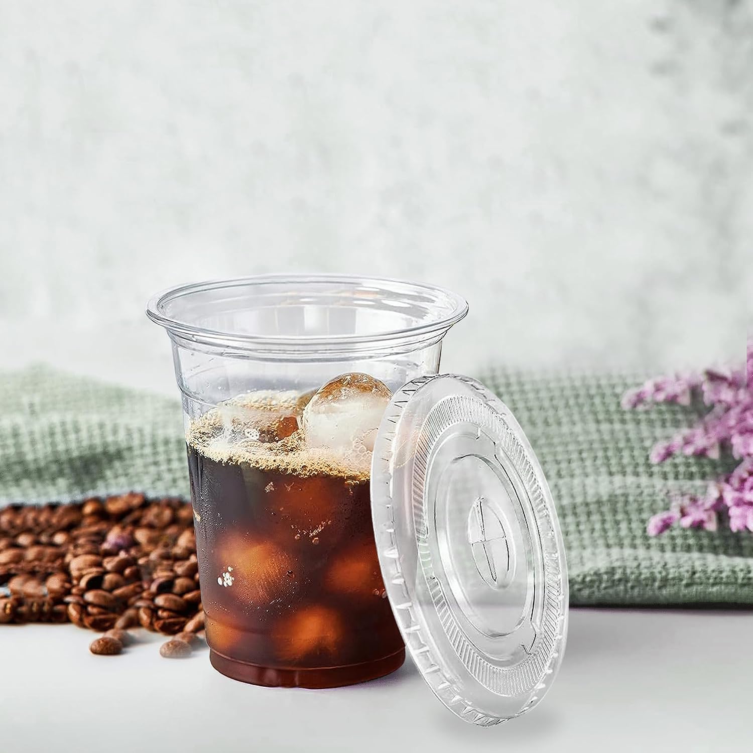 TashiBox Plastic Cups with Flat Lids 100 Sets 16 oz, Clear Crystal drink cups with lids