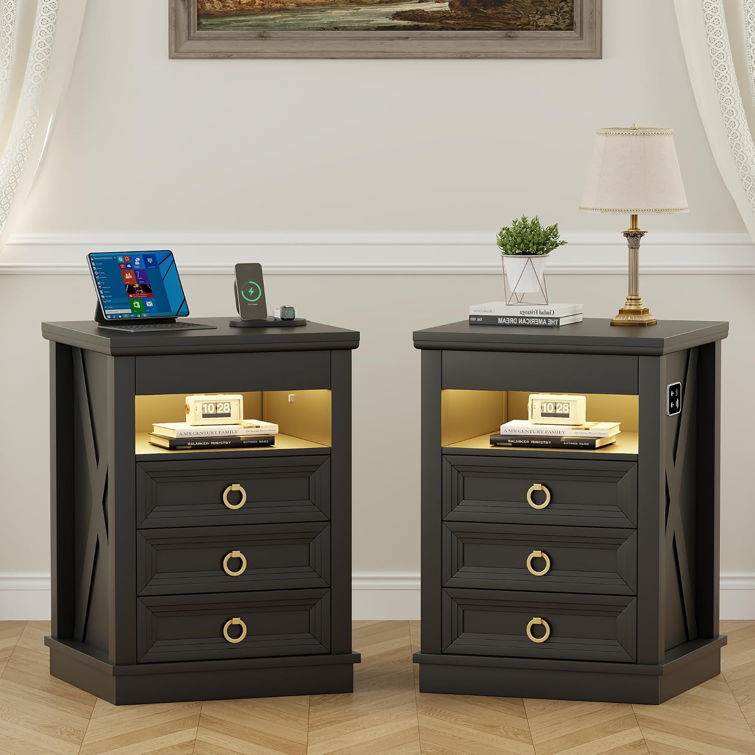 Lvifur LED Nightstand with Lockable Gun Drawer and Human Sensor, Black | USB & Type-C Charging Station, 3 Dimmable Lights, Adjustable Brightness, 3 Drawers, Farmhouse Style, Human Body Induction