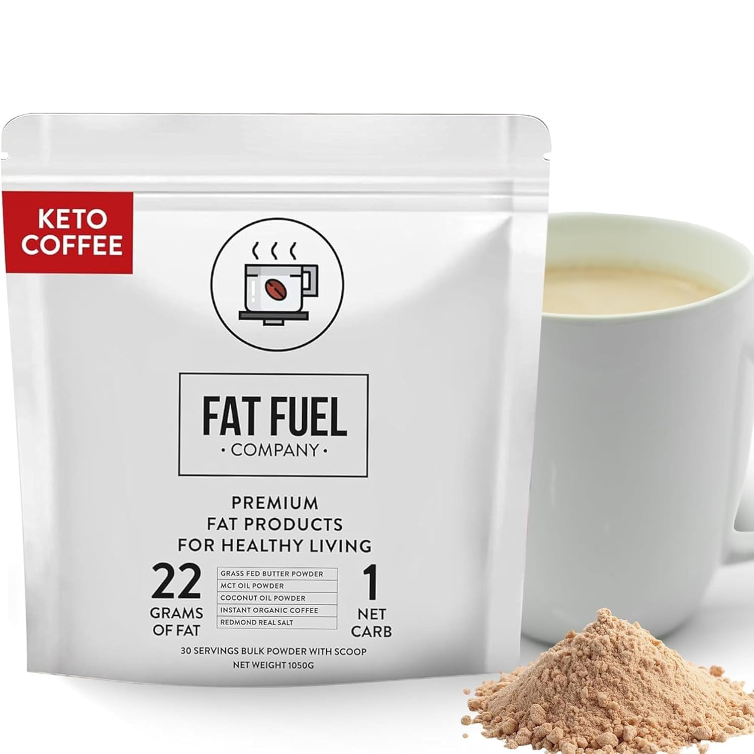 FAT FUEL Keto Coffee 22g Premium Fats - With Grass Fed Butter, MCT Oil, Coconut & Redmond Real Salt - Instant Organic Coffee, One Net Carb, A True Meal Replacement - 15 Servings