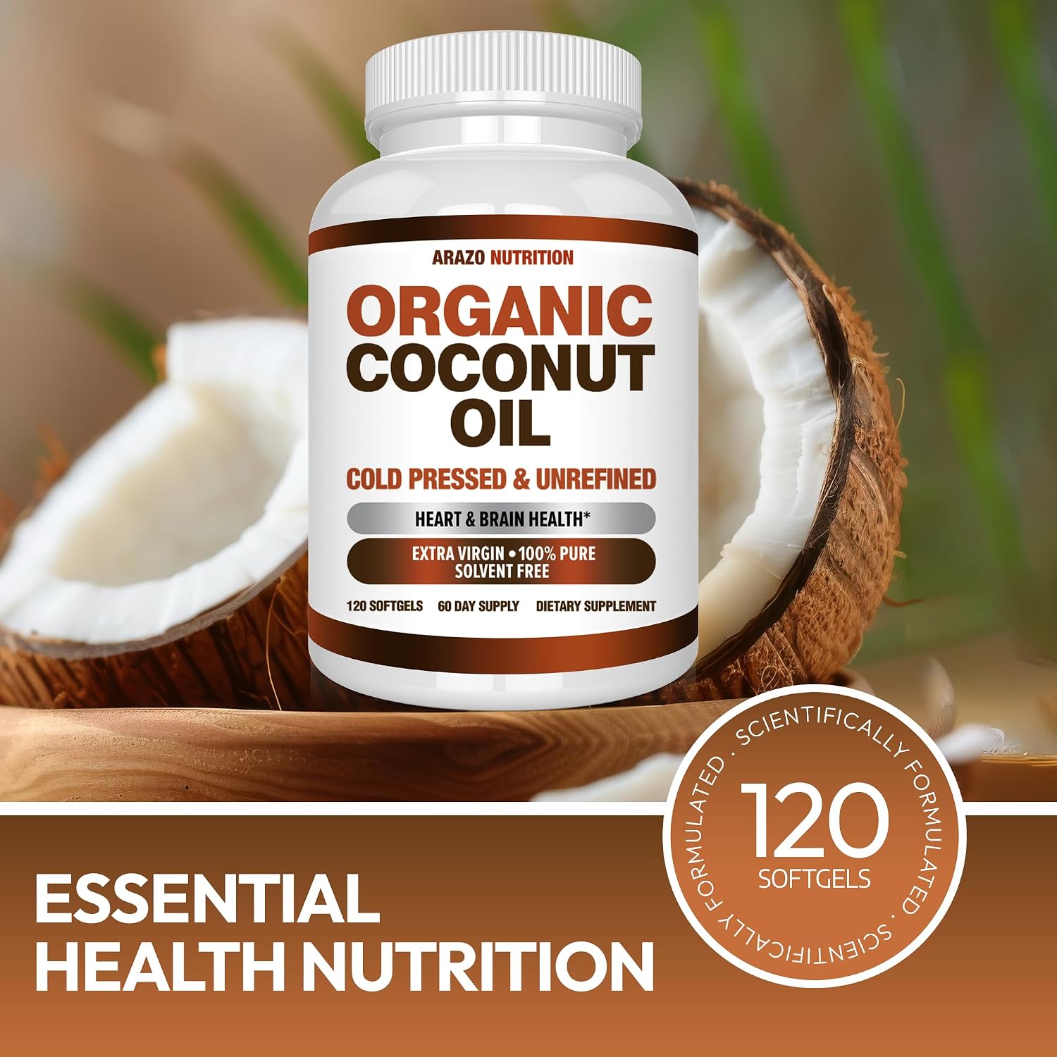 Arazo Nutrition Organic Coconut Oil 2000 MG Per Serving - 100% Extra Virgin Unrefined Cold Pressed for Weight Support, Skin, Hair, Nails - 120 Softgel Capsules