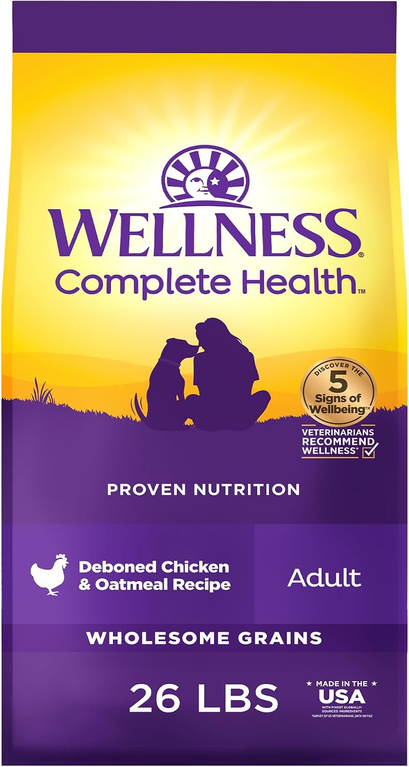 Wellness Complete Health Adult Dry Dog Food, Wholesome Grain Kibble, Natural, Chicken and Oatmeal Recipe, 5 lb Bag