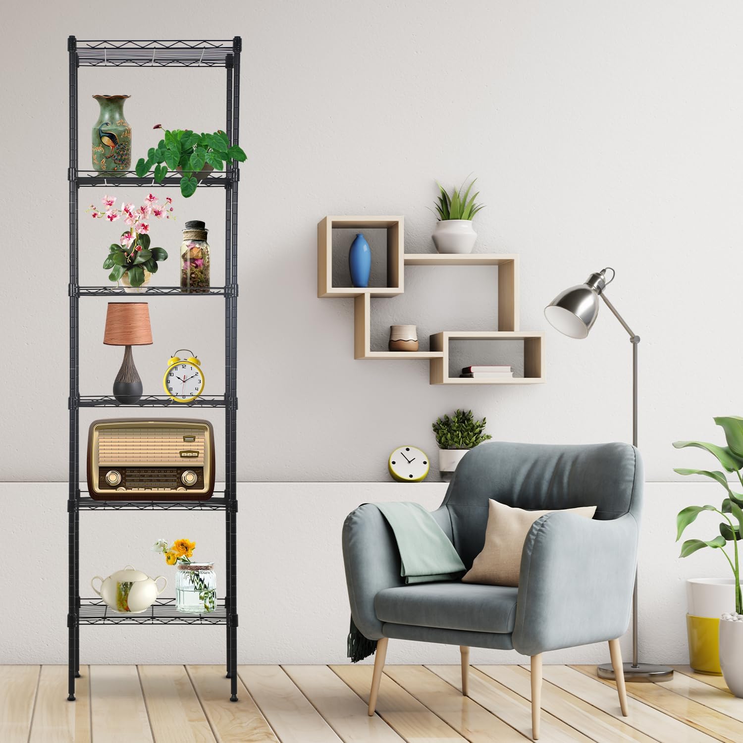 PayLessHere | 6-Tier Wire Shelf with Wheels | 45"x18"x82" | Black