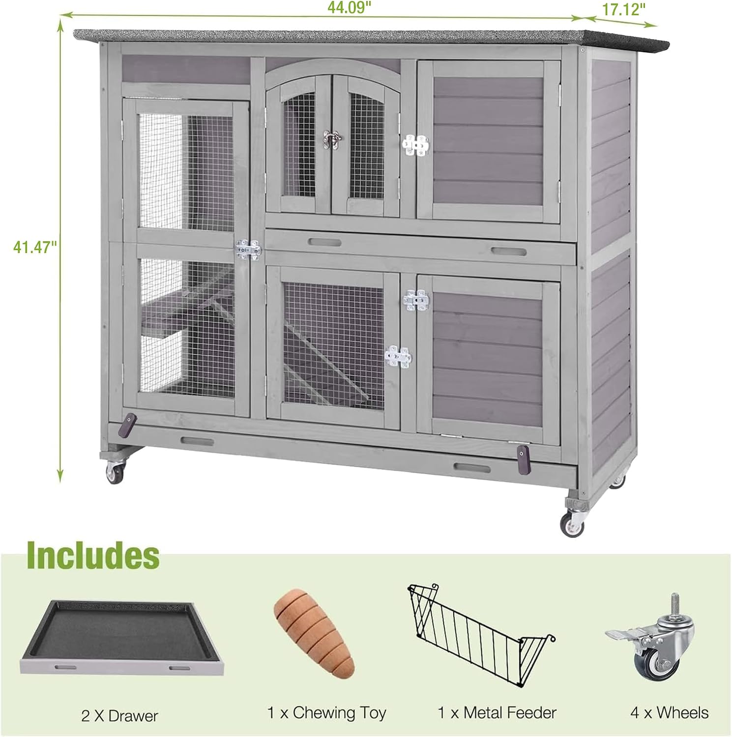Outdoor Rabbit Hutch Indoor Bunny on Wheels Large Guinea Pig Cage with Run for Any Small Animals,Removable Pull Out Tray