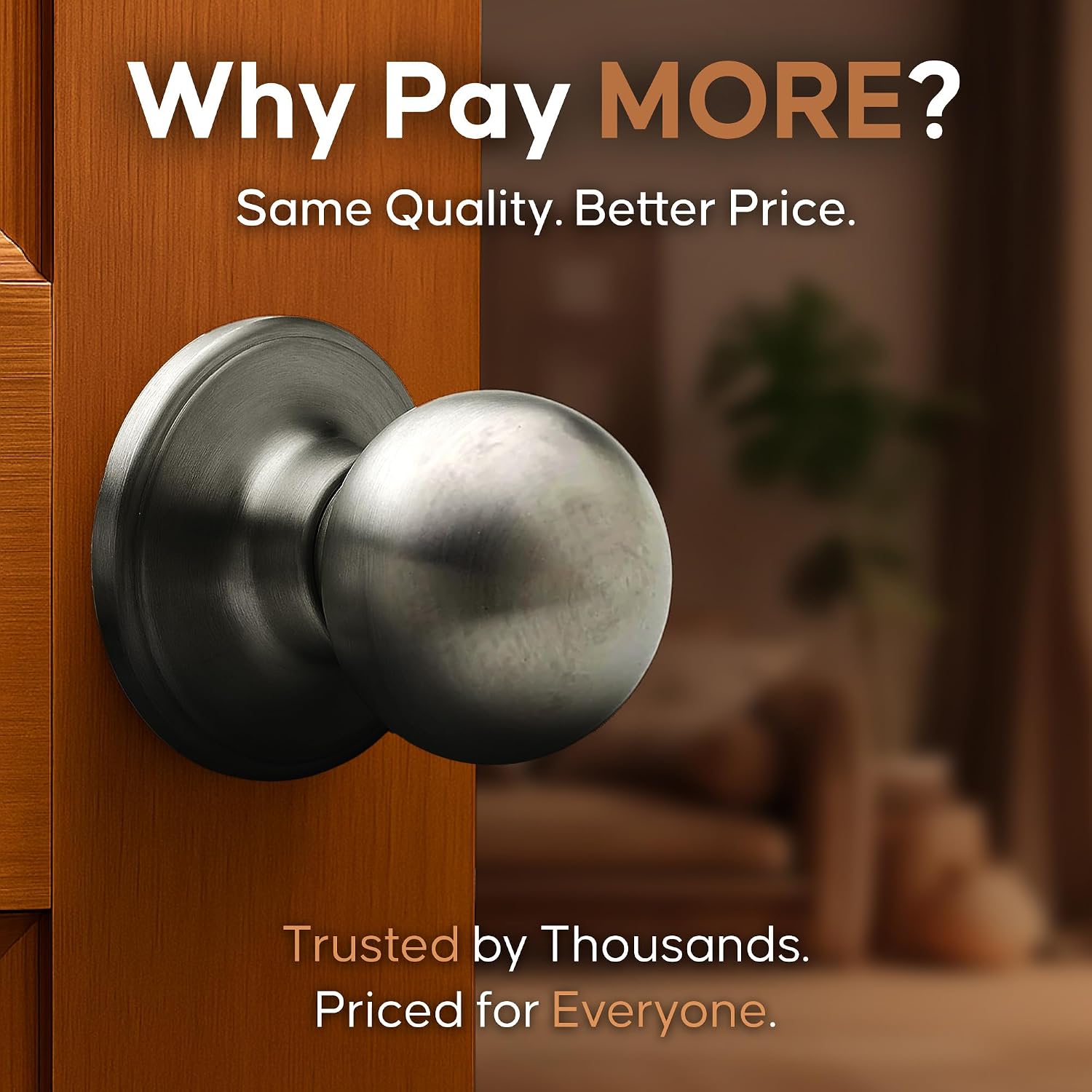 Copper Creek Privacy Interior Door Knob – ANSI Grade-3 Certified, Modern Heavy Duty Handle, Easy Install and Reversible for Bedroom, Bathroom & Closets – Satin Stainless (1 Pack)