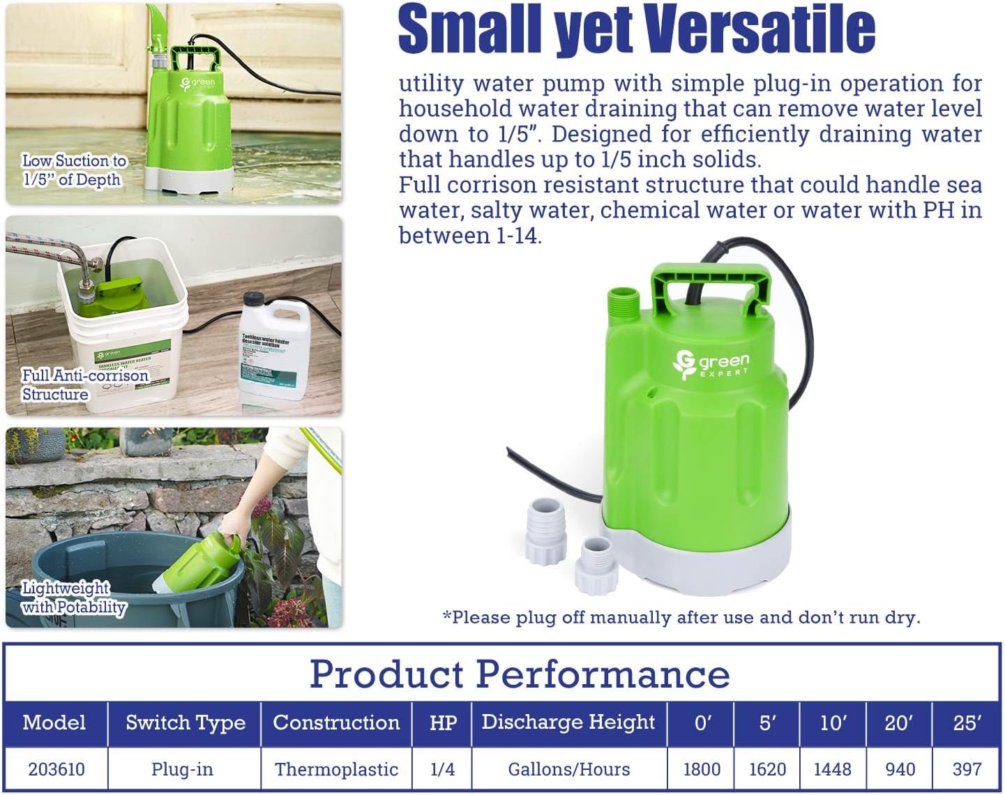 Green Expert Corrosion-Resistant Submersible Utility Pump, Tankless Water Heater Flush Kit Pump Replacement/Upgrade, 1/4HP 1800 GPH, 28FT Head