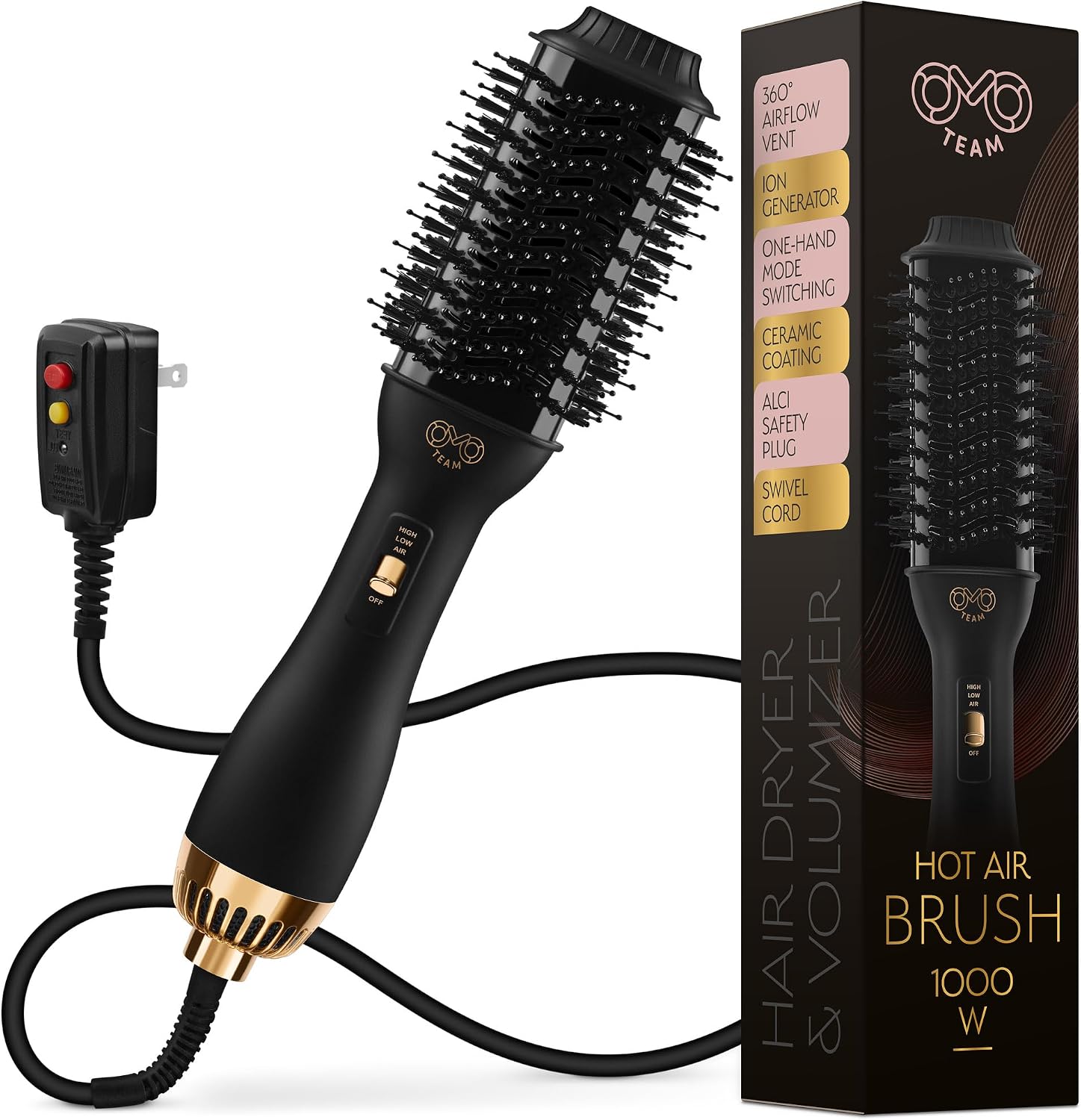 Professional Blowout Hair Dryer Brush, Black Gold Dryer and Volumizer, Hot Air Brush for Women, 75MM Oval Shape (Black Gold)