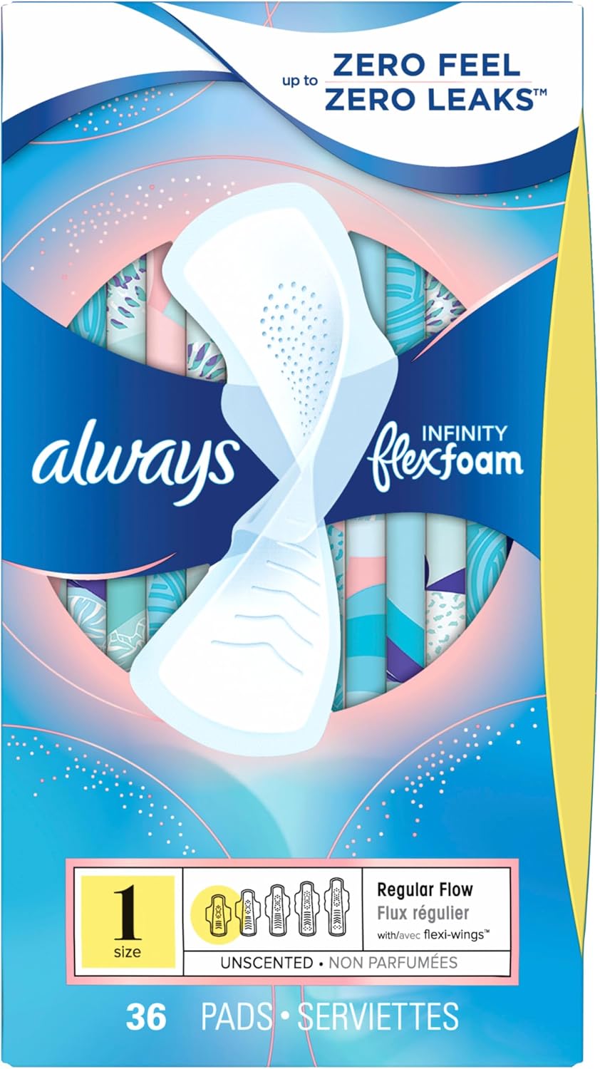 Always Infinity Feminine Pads for Women, Flexfoam Pads with Wings, Size 1, Regular Absorbency, Unscented, 108 Count (3 Packs of 36)