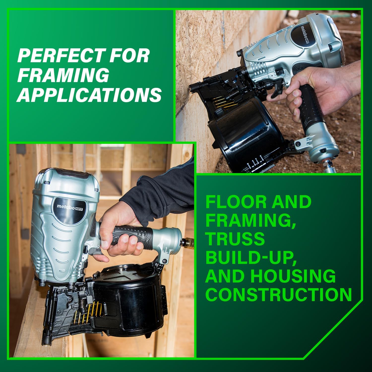 Metabo HPT Coil Framing Nailer, 15° Nails, NV90AGS | Pneumatic Power, Construction Tools, Roof Decking Support, Floor & Truss Applications